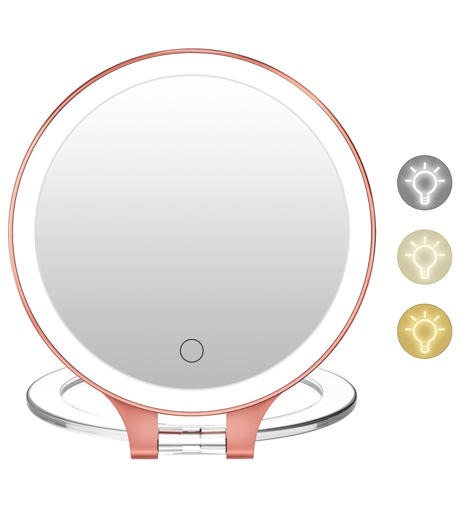 Rechargeable LED Makeup Mirror - 10X1X Double Sided, 3 Color Settings, Rotatable - Rose Gold - Buy Online on SooperMarket.com