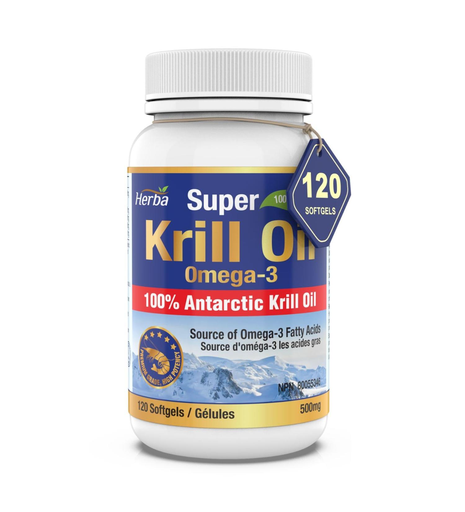 Herba Krill Oil Omega 3 Supplements - 120 Softgels | 1000mg of Antarctic Krill Oil Per Day (2 softgels 500mg each) | Source of Omega 3 Fatty Acids | High Astaxanthin | Premium Grade - 500mg Krill Oil per Soft Gel | 2 Months Supply - Buy Online on SooperMarket.com