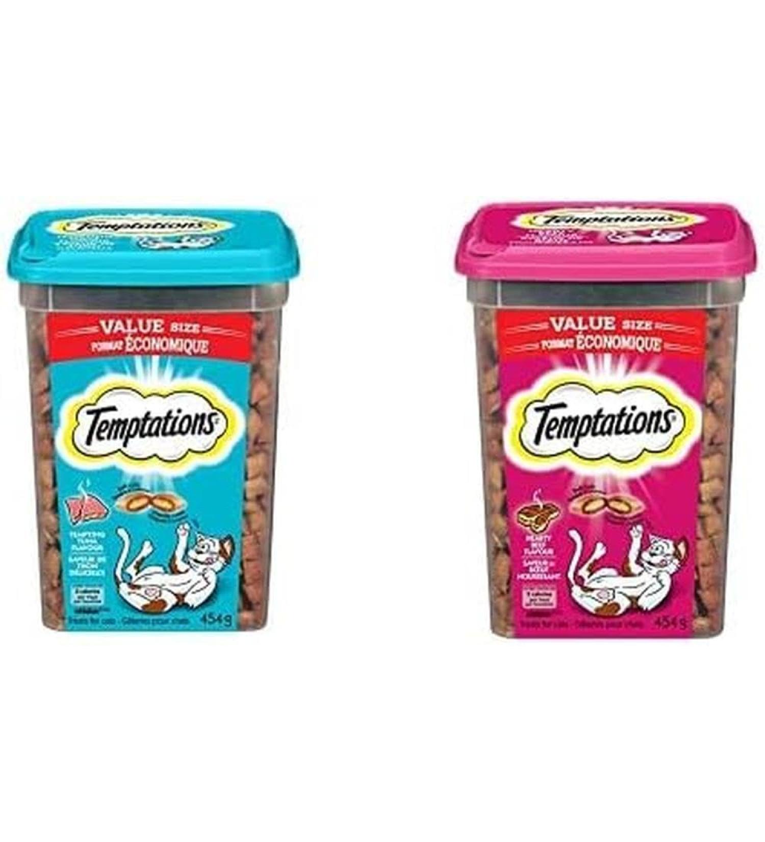 TEMPTATIONS Adult Cat Treats | Tempting Tuna Flavour + Hearty Beef Flavour 454g Tubs