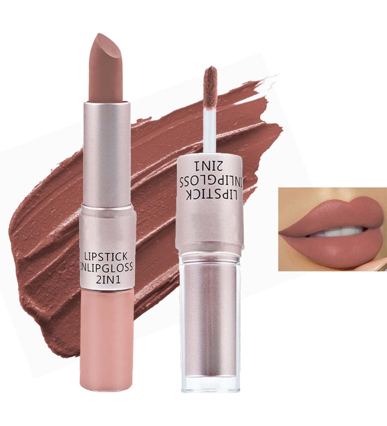 2 in 1 Matte & Liquid Lipstick Set - Waterproof Velvet Gloss Long Lasting Nude Lip Color for Women - Buy Online on SooperMarket.com