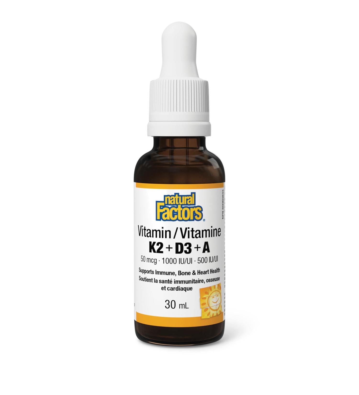 Natural Factors Vitamin K2 + D3 + A liquid drops 30ml Easy-to-Take Liquid 120 Doses per Bottle 50mcg/1000iu/500iu Supports Immune Health Bone & Teeth Health Vegetarian - Buy Online on SooperMarket.com