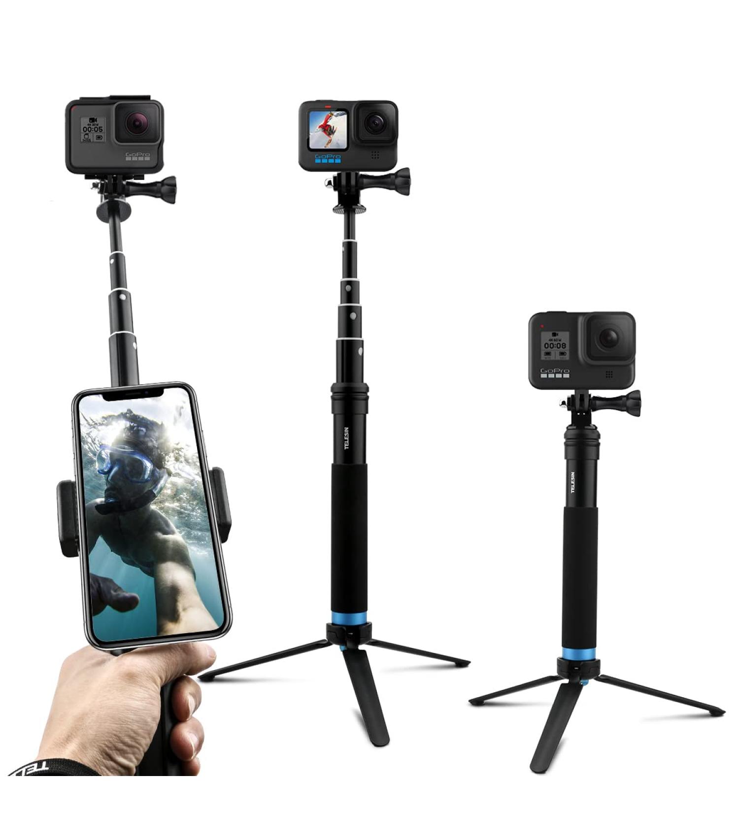 AFAITH Aluminum Alloy Selfie Stick for GoPro, Insta360, DJI OSMO Action - Waterproof Handheld Monopod with Stable Tripod - Buy Online on SooperMarket.com