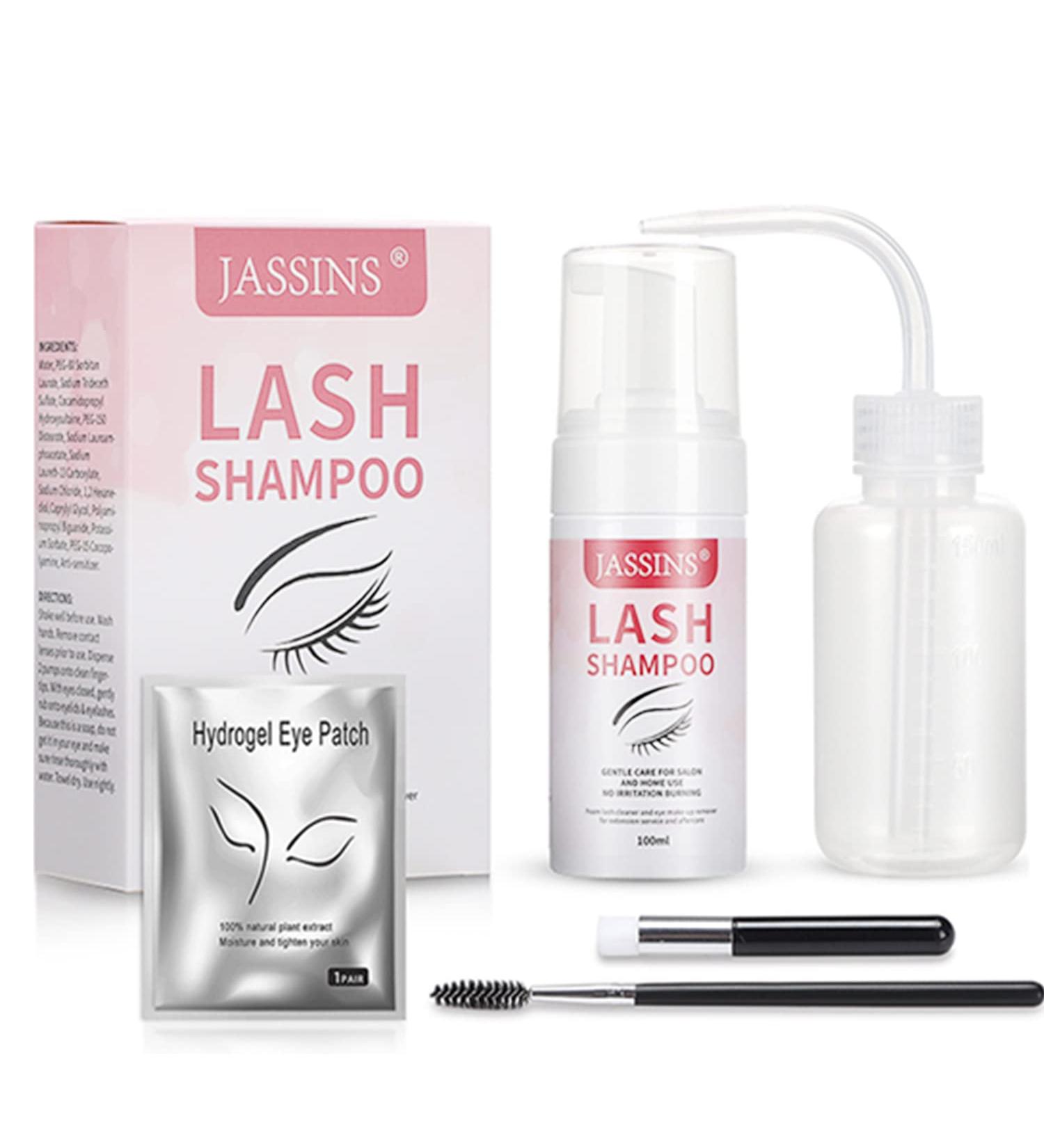 JASSINS Lash Shampoo Kit for Extensions - 100ml Cleanser Set with Cleaning Brush, Rinse Bottle, Mascara Brush, and Eye Pads - Gentle Formula for Professional and Self Use - Buy Online on SooperMarket.com