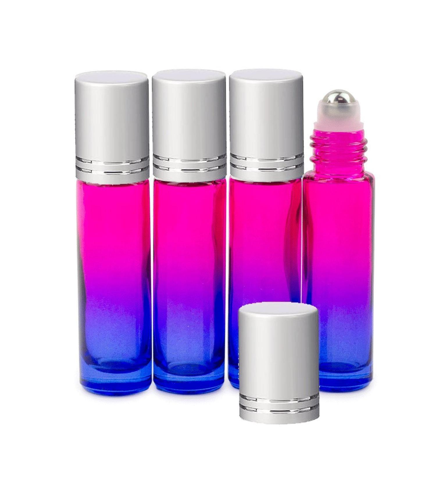 Grand Parfums Upscale 10ml Glass Tropic Sunset Ombre Gradient Roller Bottles with Accented Matte Silver Aluminum Caps and Stainless Steel Rollers (Set of 6 Bottles)