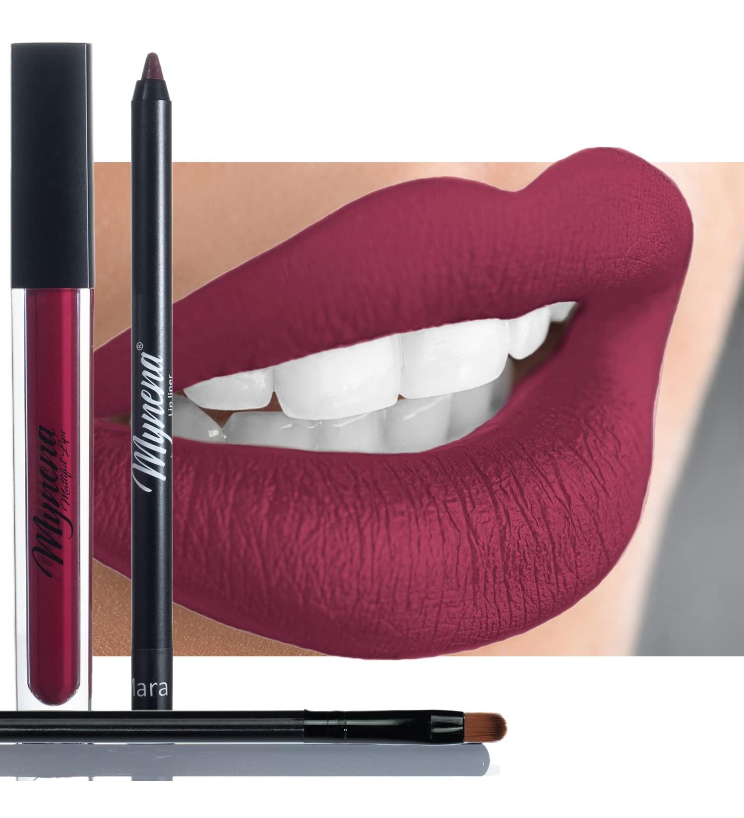 Maroon Red Matte Lipstick Set with Lip Liner and Brush Kit - Long-lasting, Waterproof, Talc-free, Paraben-free - Buy Online on SooperMarket.com