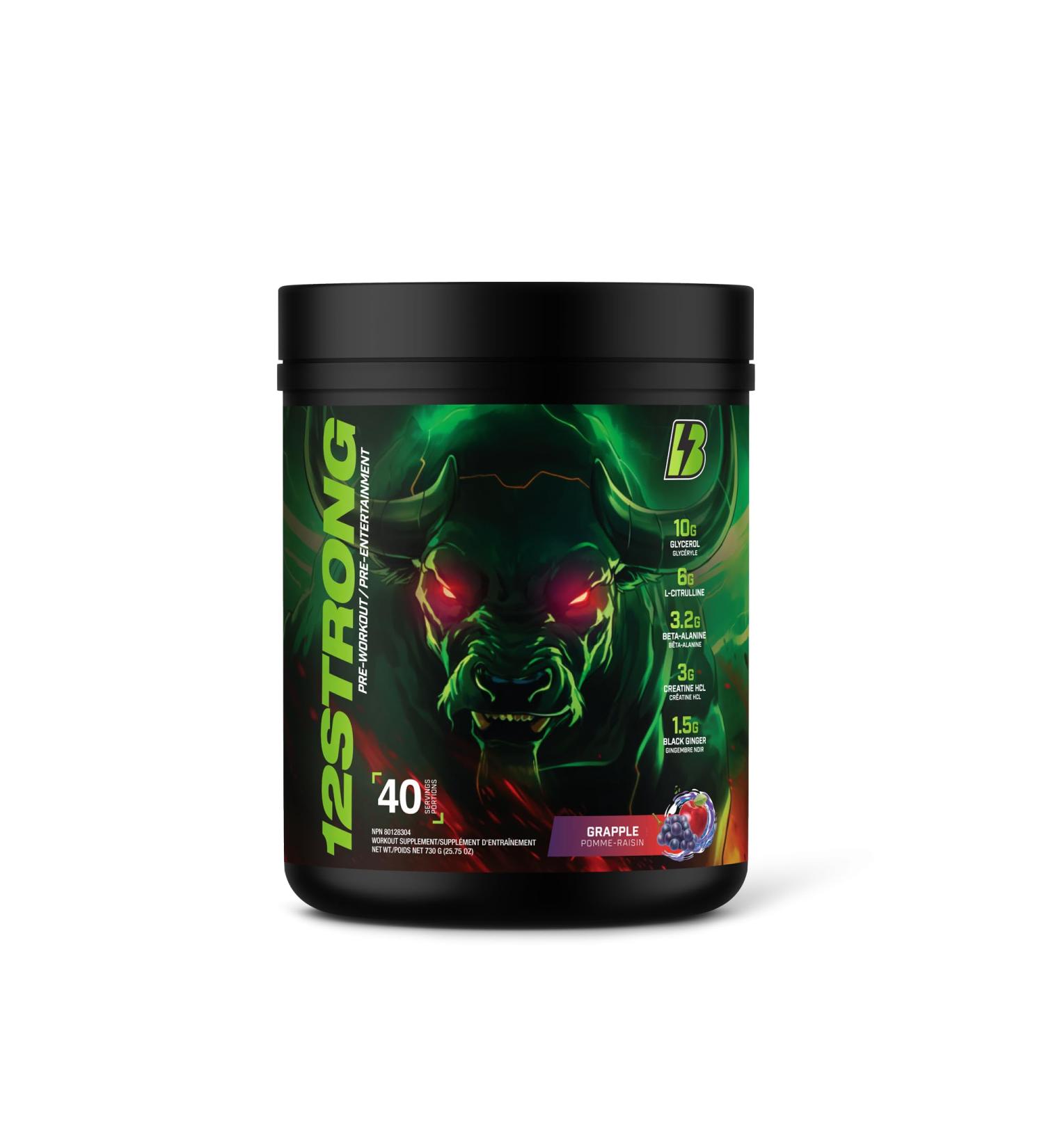 12 STRONG Pre-Workout - 730g - BULL Nutrition (40 Servings) (730g Apple Grape (Grapple)) - Buy Online on SooperMarket.com