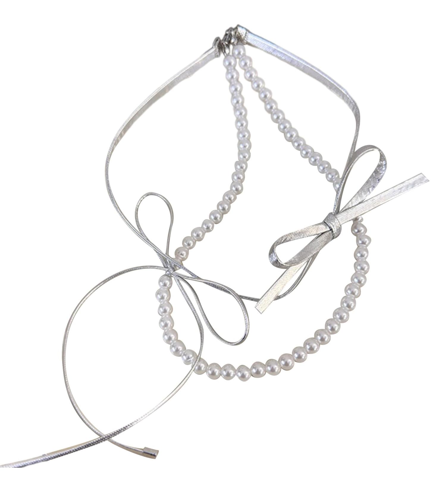 OralGos Elegant Adjustable Double Layer Choker Necklace - Stylish Silver Leather Bow Chain Jewelry for Women & Girls - Buy Online on SooperMarket.com