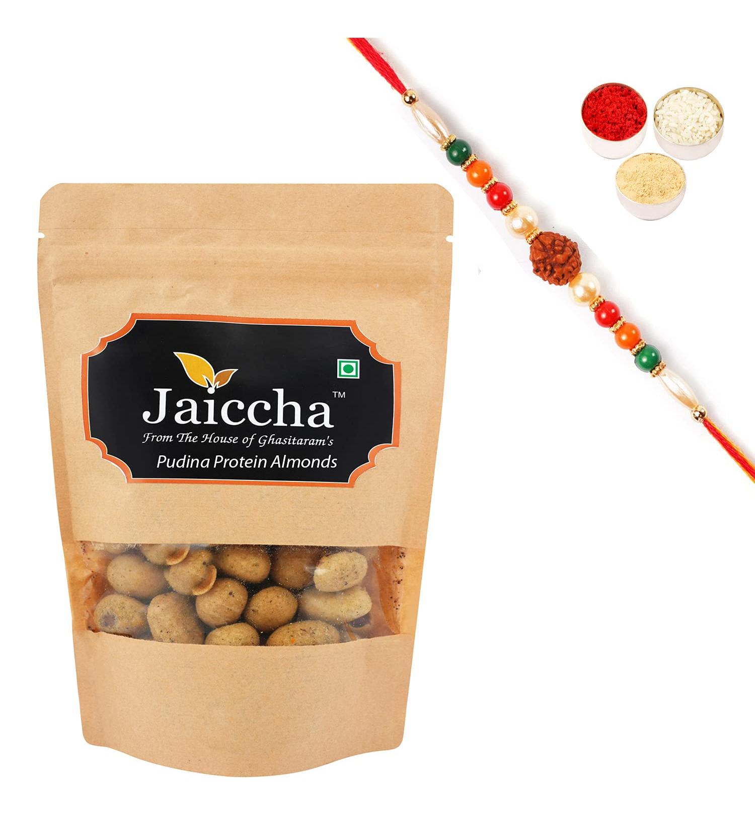Jaiccha Ghasitaram Rakhi Gifts for Brothers Rakhi Dryfruits - Pudina Protein Almonds 200 GMS in Brown Paper Pouch with Rudraksh Rakhi - Buy Online on SooperMarket.com