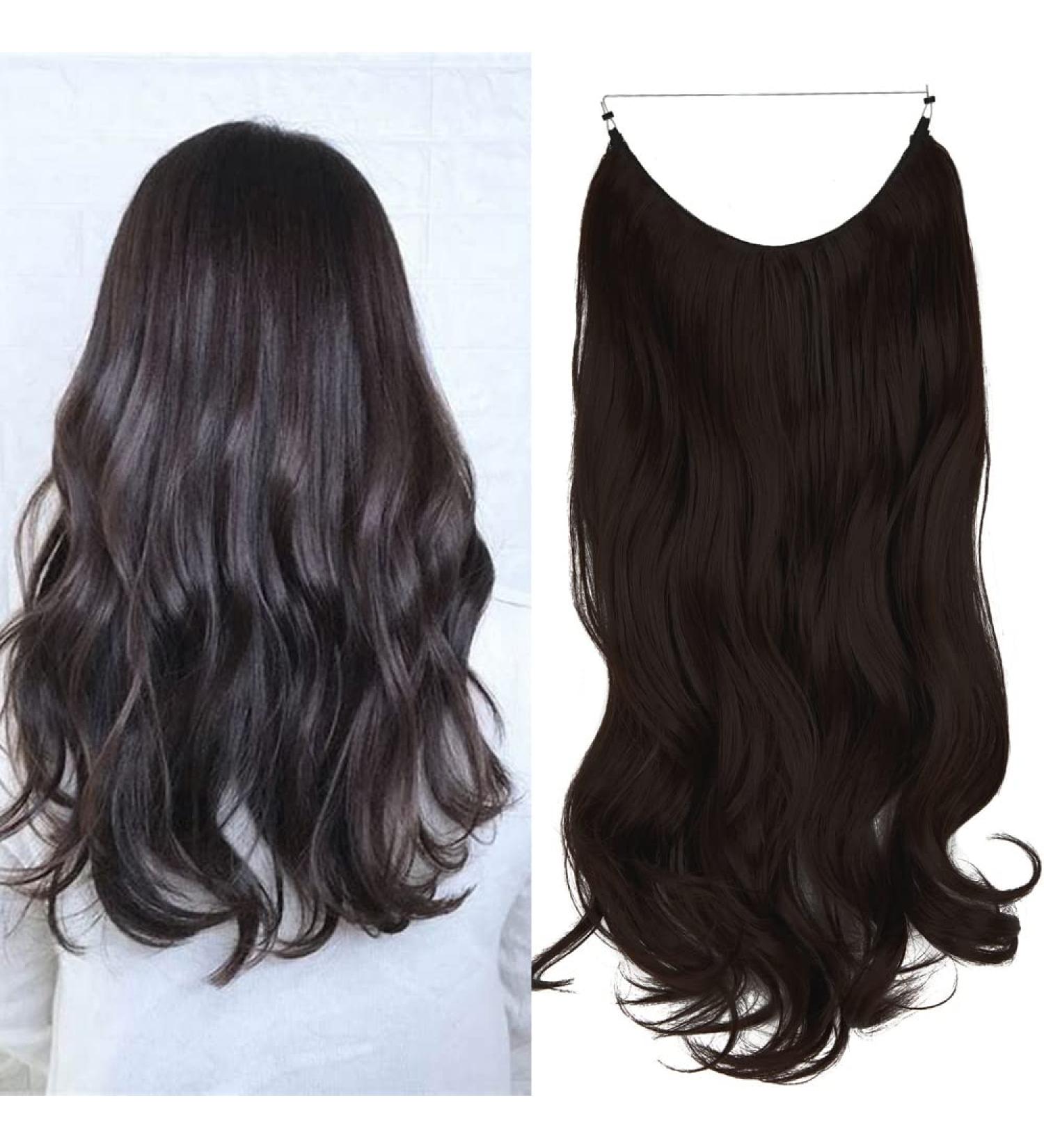 Dark Brown Halo Hair Extension 18 Inch Wavy Curly Synthetic Hairpiece - Heat Friendly Fiber - No Clip - OMGREAT - Buy Online on SooperMarket.com