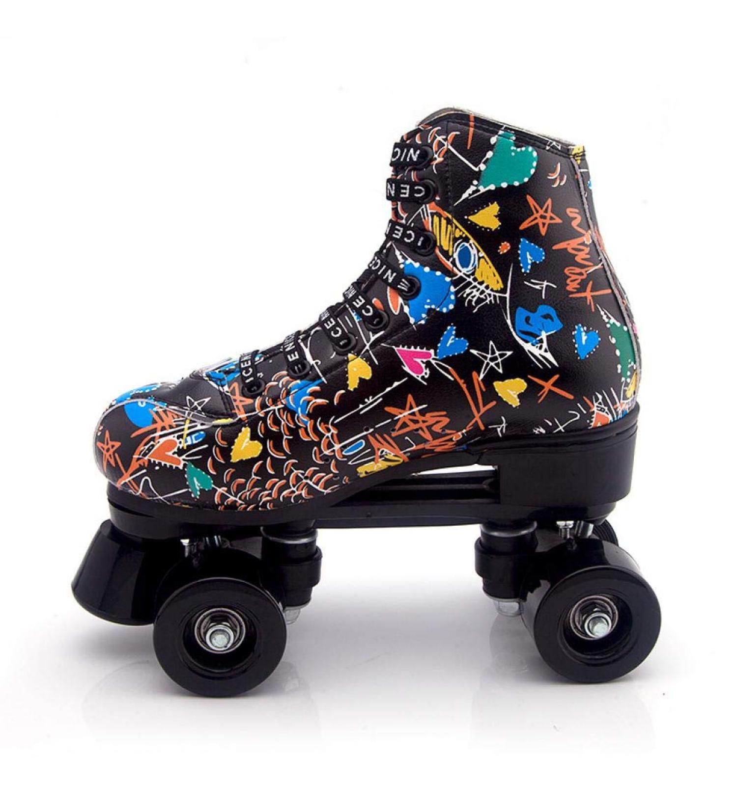 XUDREZ Holographic High Top Roller Skates - Black PU Leather - Double-Row Four Wheels - Size 37US5.5 - Buy Online on SooperMarket.com