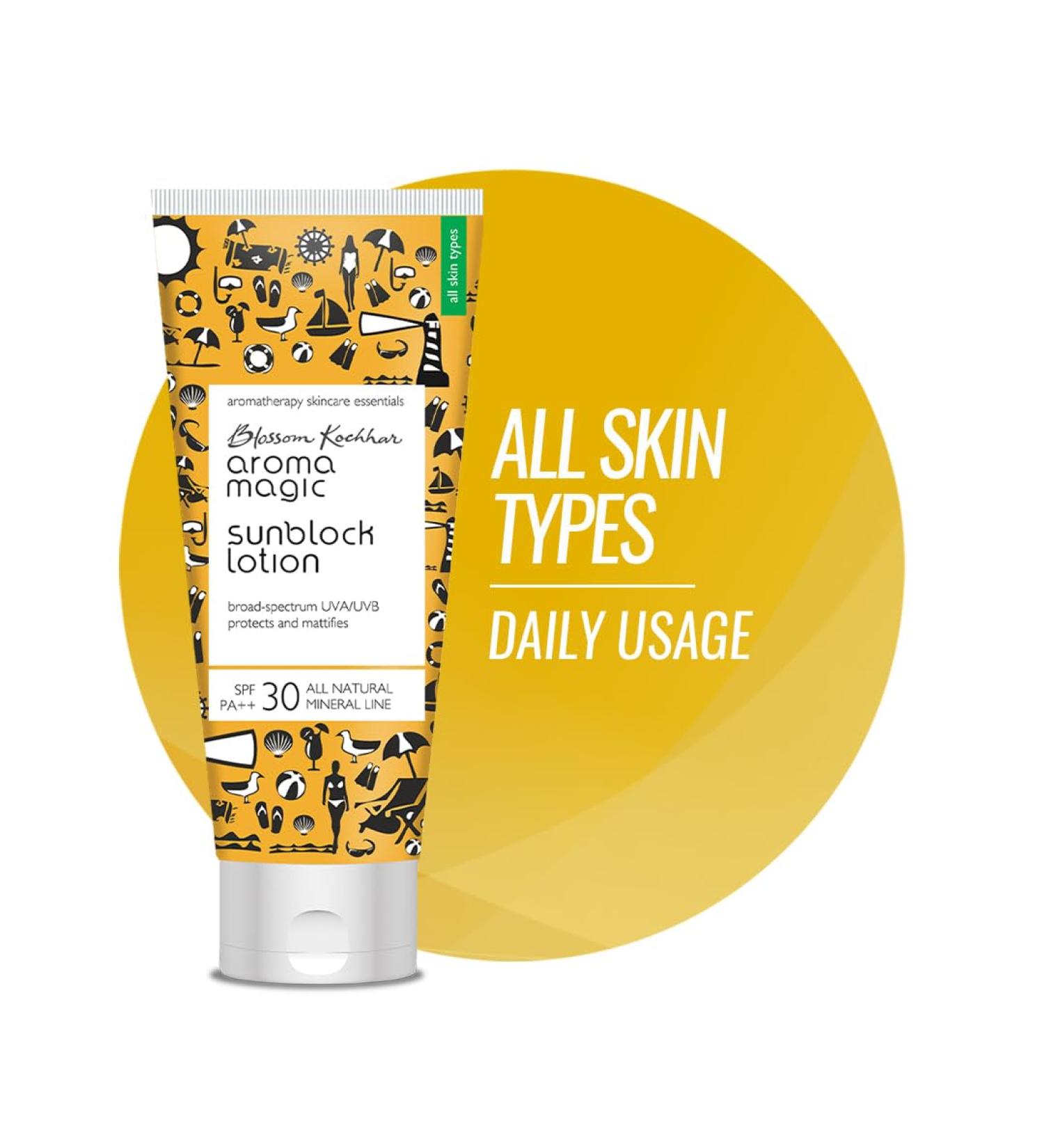 Blossam Kochhar Aroma Magic Sun Block Lotion SPF 30 PA ++ Broad Spectrum UVA / UVB protects and mattifies - 100 Gram - Buy Online on SooperMarket.com