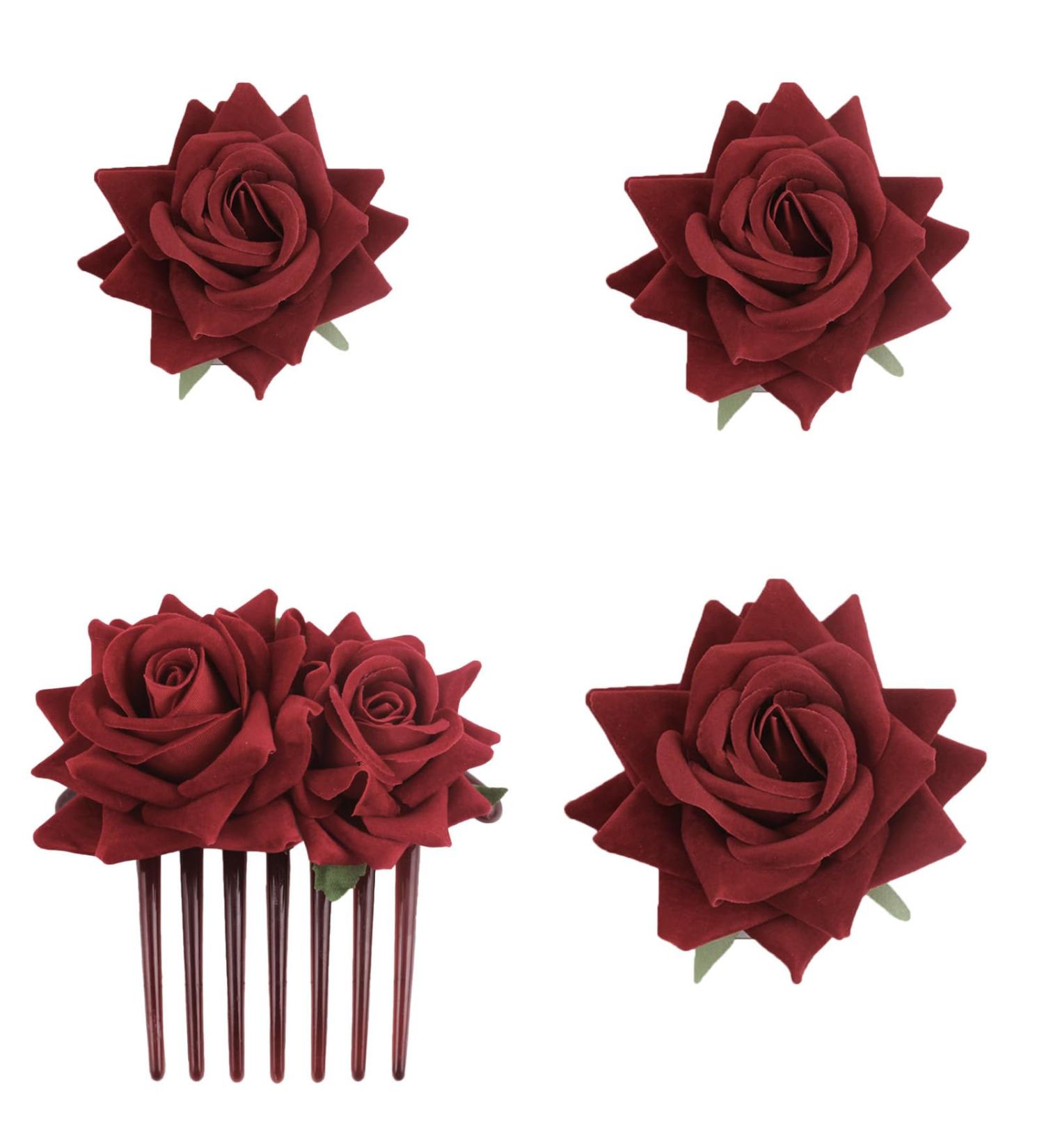 SUNTRADE 4 Pieces Women Rose Hairpin Bridal Rose Brooch Hair Clip Wedding Floral Clips for Woman Girl Party Wedding (Wine Red) - Buy Online on SooperMarket.com