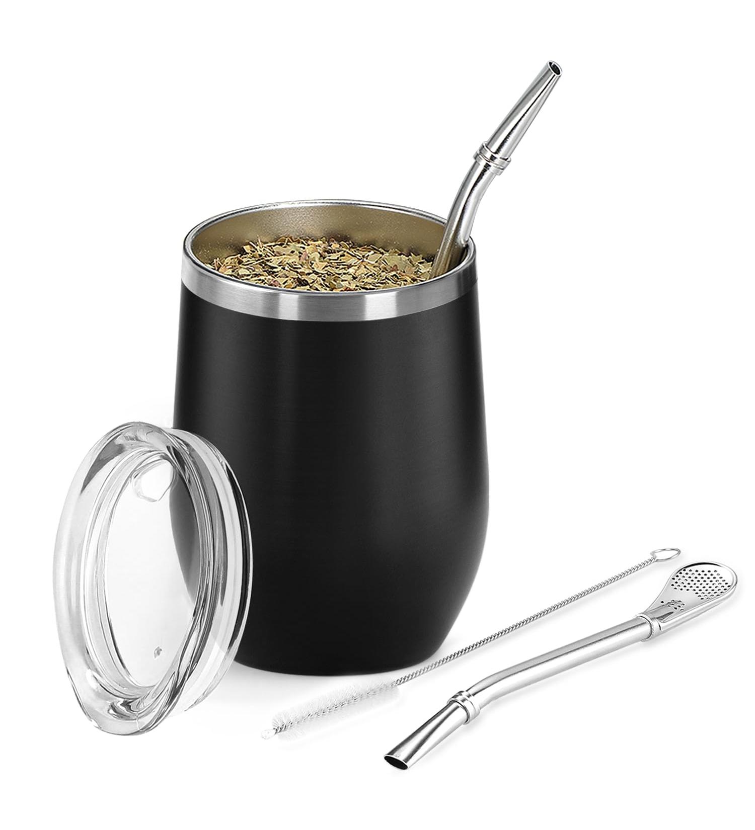 Telanks Mate Becher - 340ml Double-Walled Stainless Steel Yerba Mate Cup with Bombillas & Cleaning Brush | Black - Buy Online on SooperMarket.com