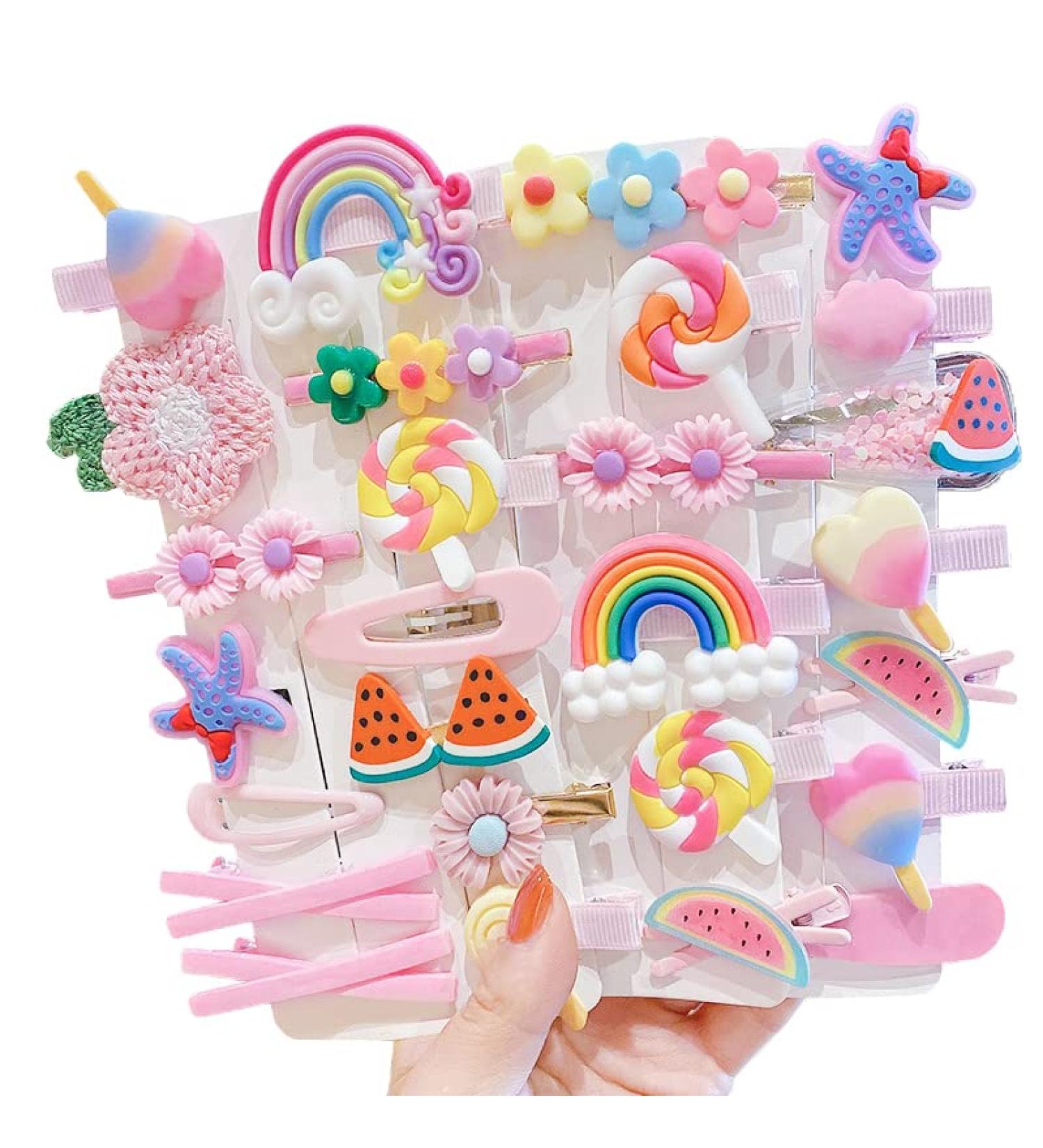 28 Colorful Sweet Hair Clips for Girls | Fashionable Floral & Fruit Hair Accessories | Cute Animal & Dessert Styles | Non-Slip Metal Buttons - Buy Online on SooperMarket.com