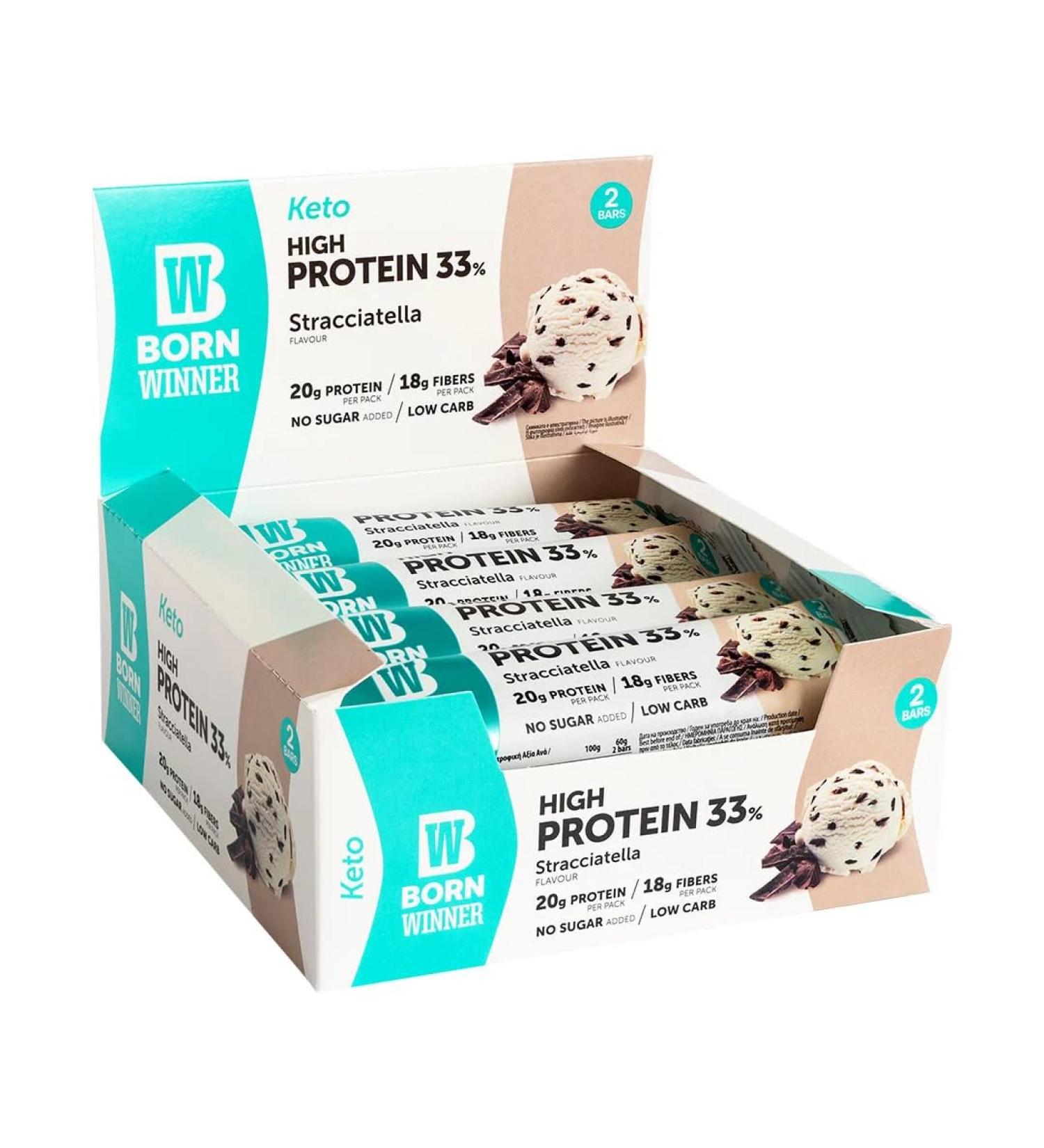 BornWinner Keto High Protein Bar - Stracciatella Low Carb 31% Protein 20g Protein & 18g Fiber per Bar - 12x60g Pack - International Shipping Available - Buy Online on SooperMarket.com