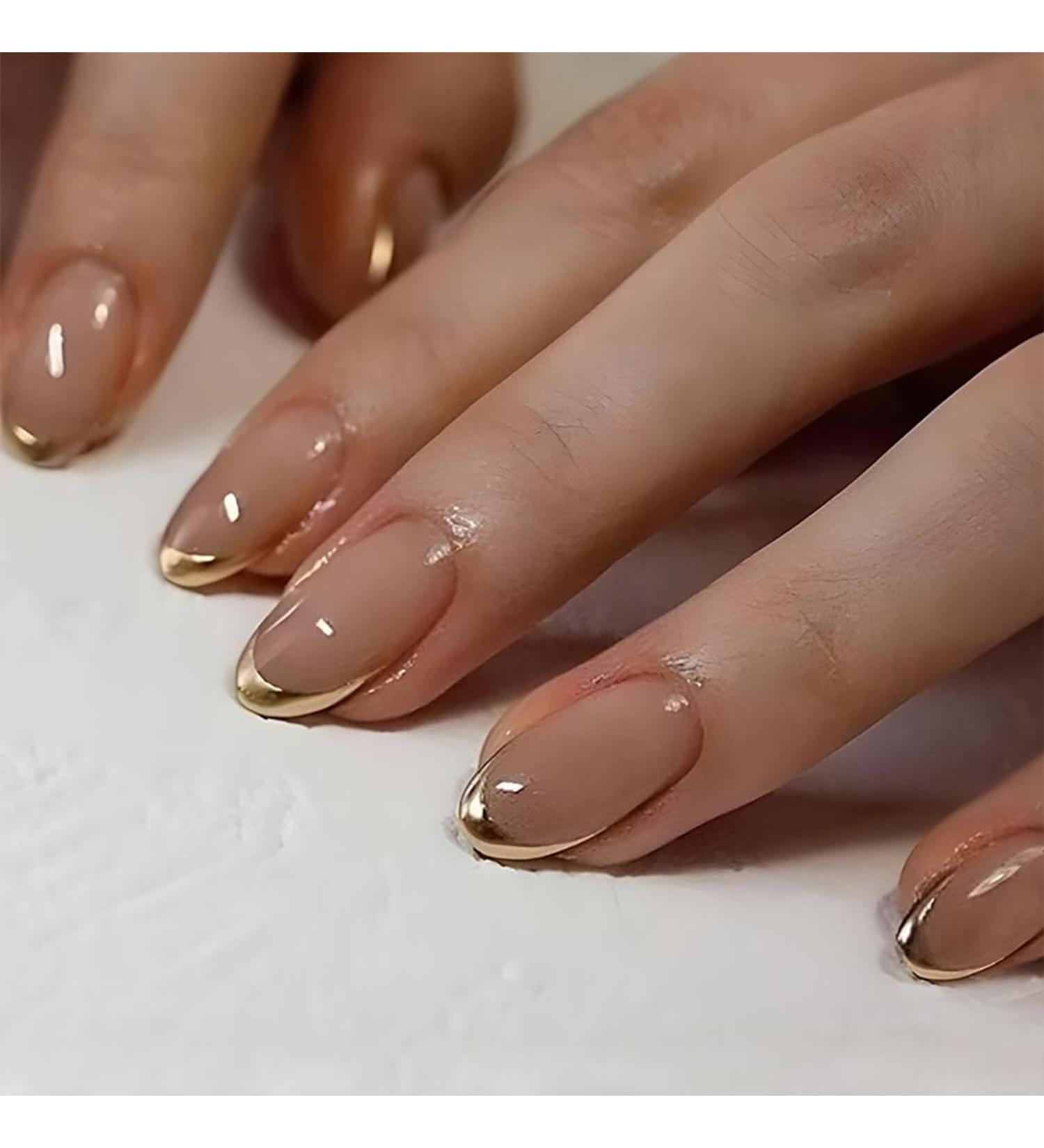 24 Pcs Gold French Tip Press On Nails - Short Oval Full Cover Fake Nails for Women & Girls - Nude Glossy Artificial Finger Manicure - Buy Online on SooperMarket.com