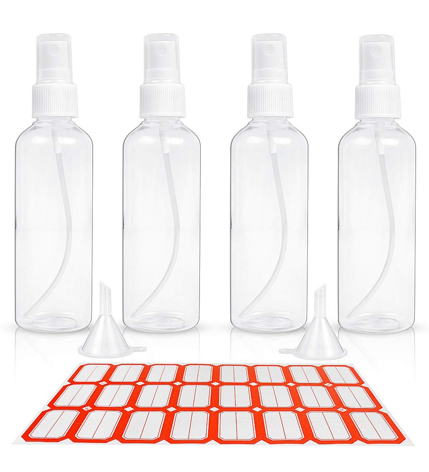 HTHL 4 PCS Set 100ML Spray Bottles Plastic Transparent Mist Spray Bottles with 2 Funnels and 1 Sheet Label Empty Travel Atomiser Refillable Liquid Containers for Perfume Cosmetic and Liquids Clear - Buy Online on SooperMarket.com