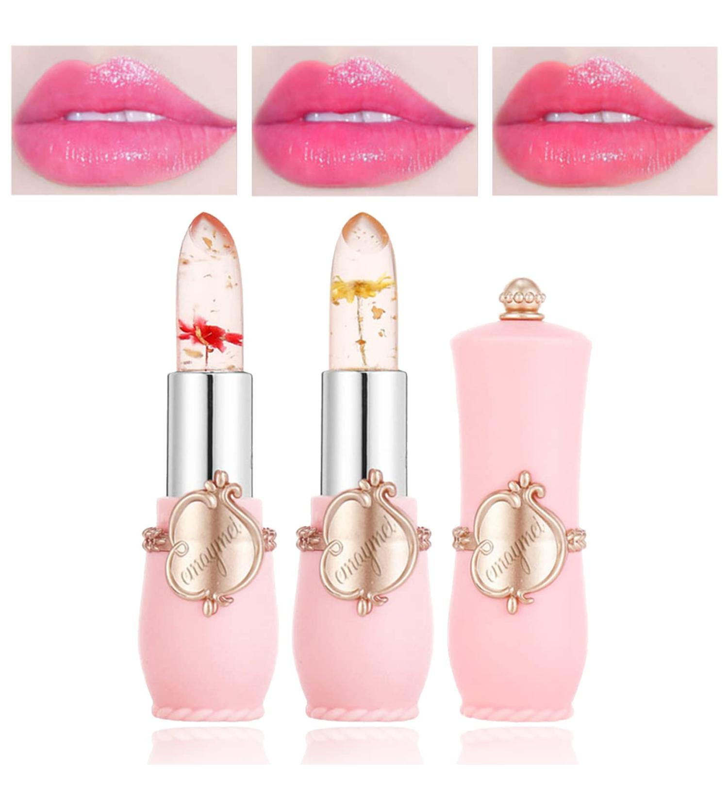 Crystal Jelly Flower Lipstick Set Long Lasting Color Changing Lip Balm with Nutritious Formula, Kawaii Makeup Clear Lipstick with Flower Inside - 2PCS - Buy Online on SooperMarket.com