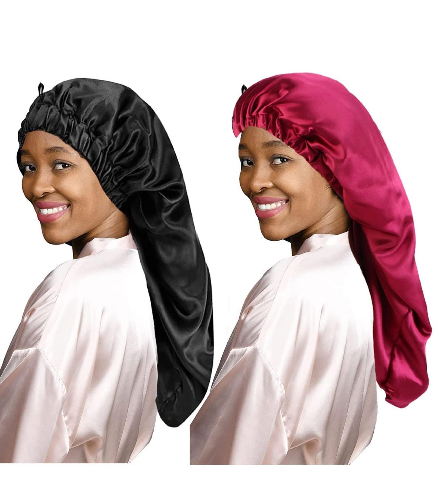 Ladaypoa Satin Hair Hood 2-Piece Silky Sleeping Hat Set for Girls & Women | Extra Large Black & Red Satin Sleeping Caps - Buy Online on SooperMarket.com