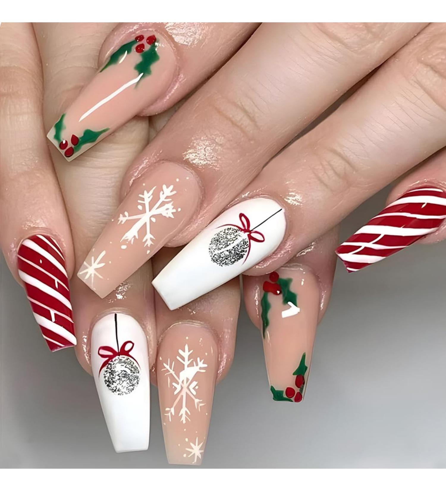 Brishow Christmas Snowflake Elk Stick on False Nails - Red Long Full Cover Tips (24pcs) for Women and Girls - Buy Online on SooperMarket.com