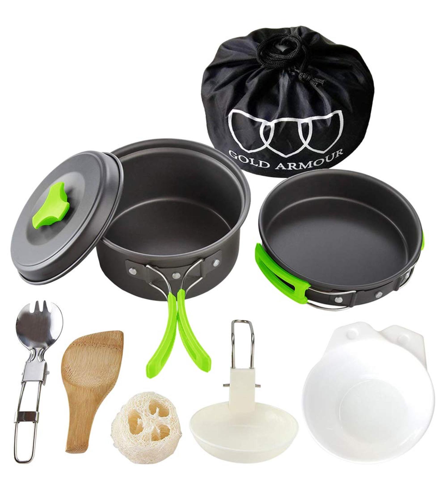 Gold Armour 10-Piece Camping Cookware Mess Kit - Lightweight & Durable Backpacking Gear for Hiking Outdoors - Compact Cookset with Pot, Pan, and Bowls - Green - Buy Online on SooperMarket.com