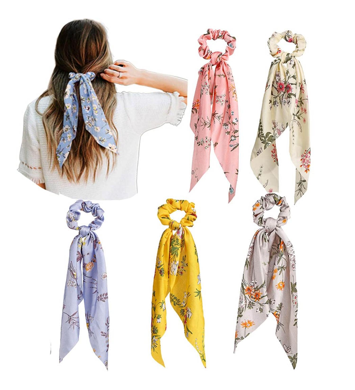 Boho Flower Ribbon Hair Scrunchies Headband Set for Women/Girls (Pack of 5) - Buy Online on SooperMarket.com