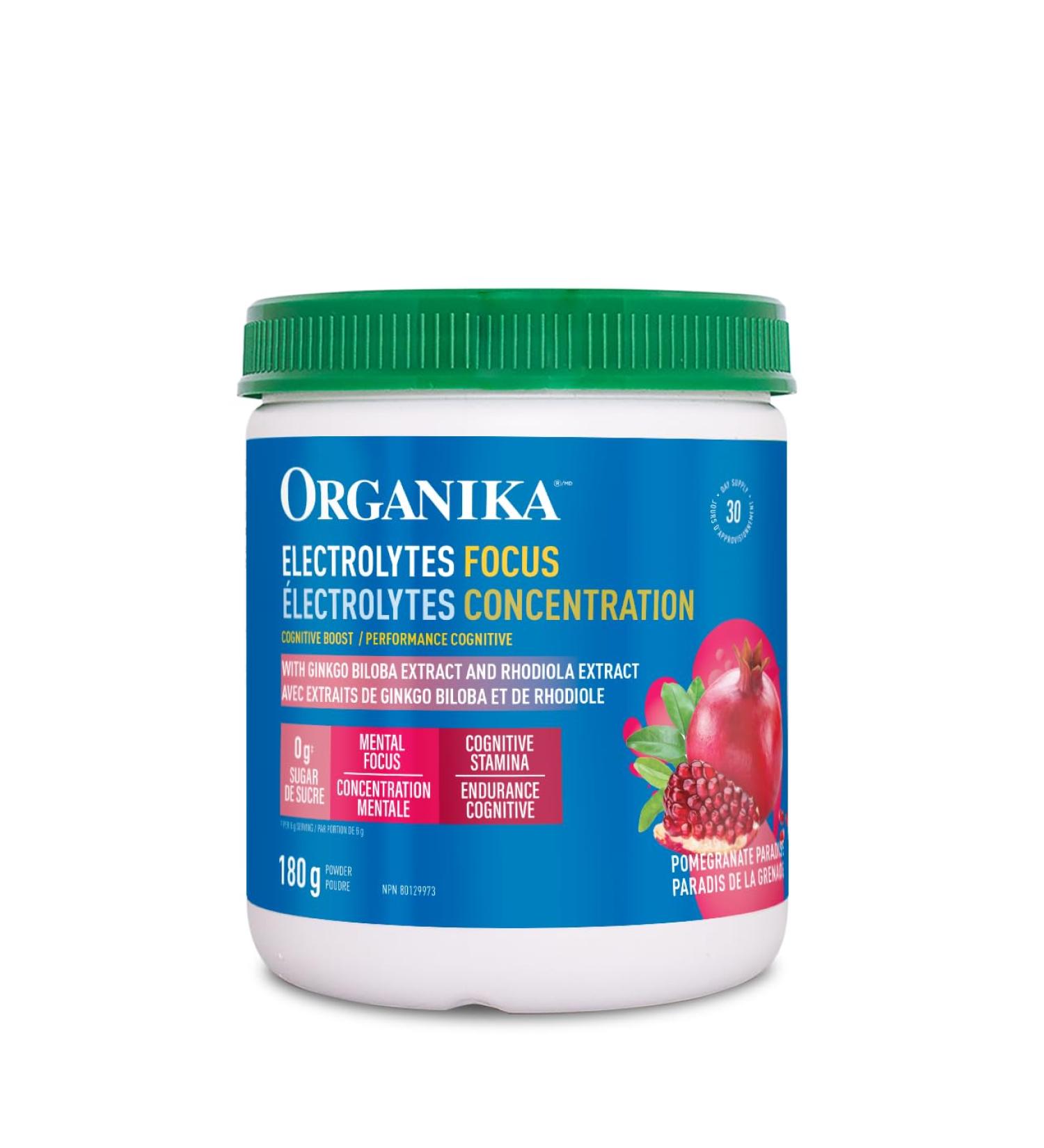 Organika Electrolytes Focus - Pomegranate Flavor Electrolytes Powder for Enhanced Concentration Focus and Cognitive Stamina - Sugar Coffee-Free Hydration - 180g - 30 servings - Buy Online on SooperMarket.com