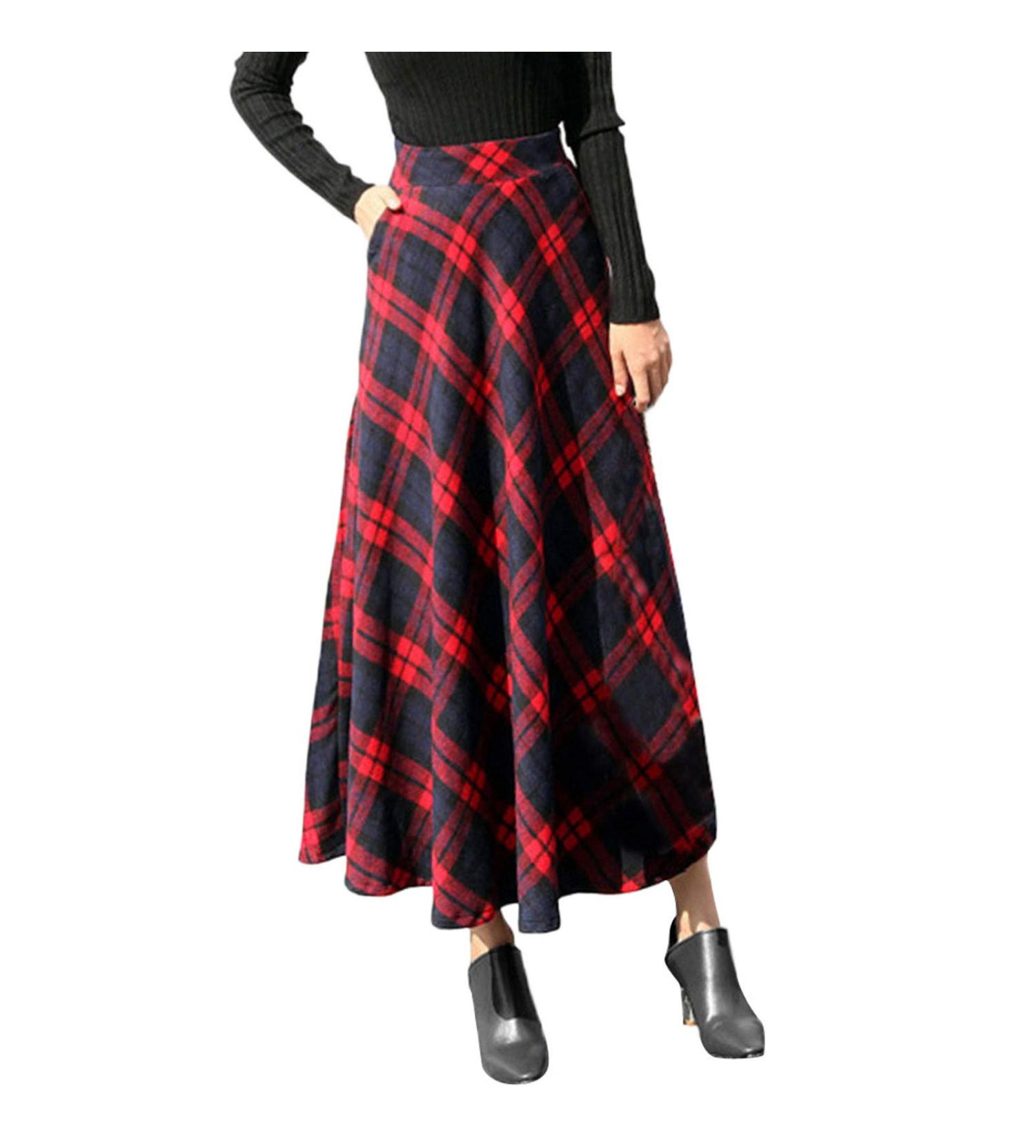 Sanahy Women's High Elastic Waist A-line Plaid Maxi Skirt | Winter Warm Flare Long Skirt with Pockets | Vintage Wool Skirt | XXL Red - Buy Online on SooperMarket.com
