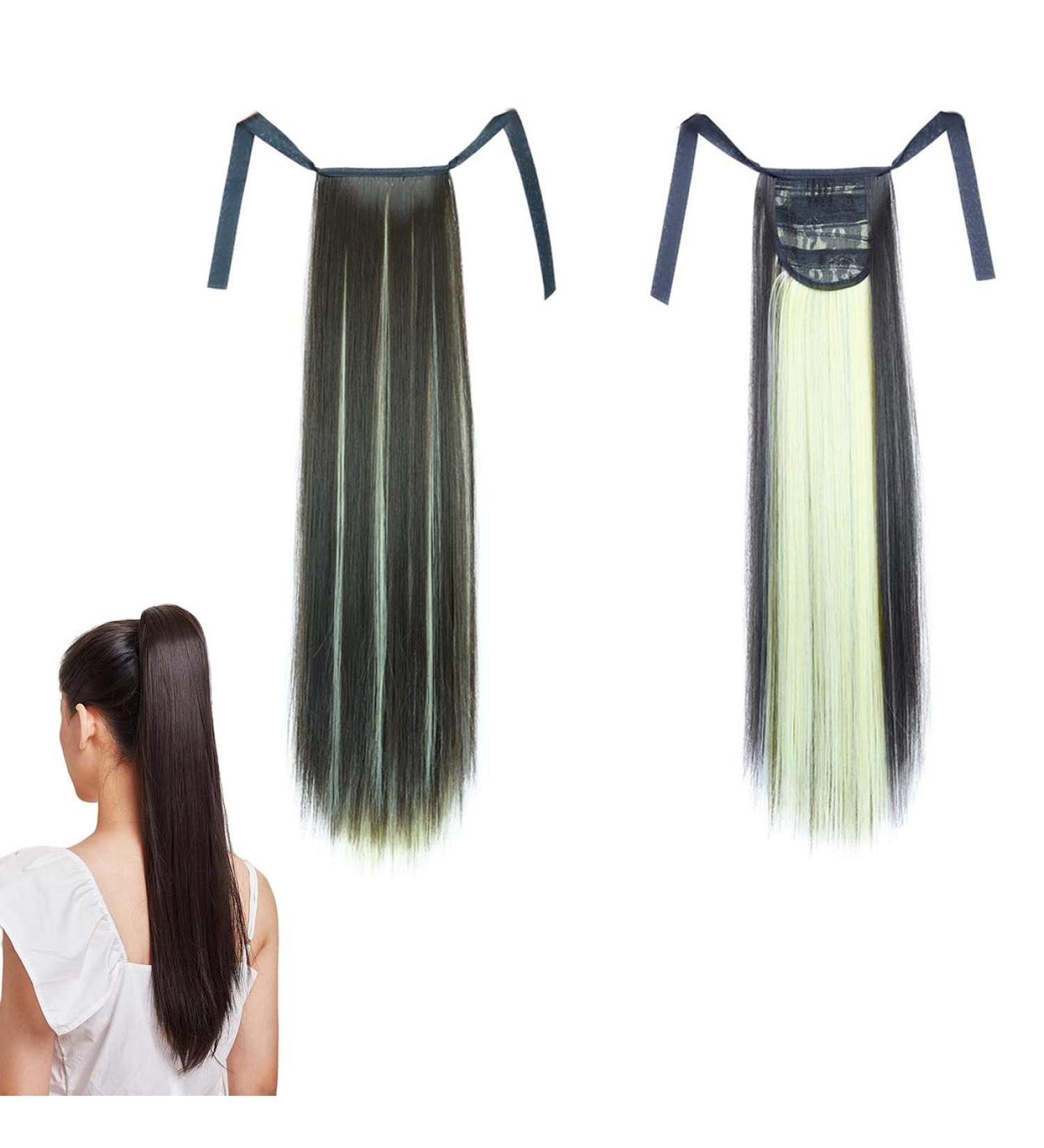 Prinfantasy Ponytail Extension | Long Straight Synthetic Wrap Around Hairpiece in Green Brown Ombre | Clip in High Heat Hair Extension 22 inch - Buy Online on SooperMarket.com