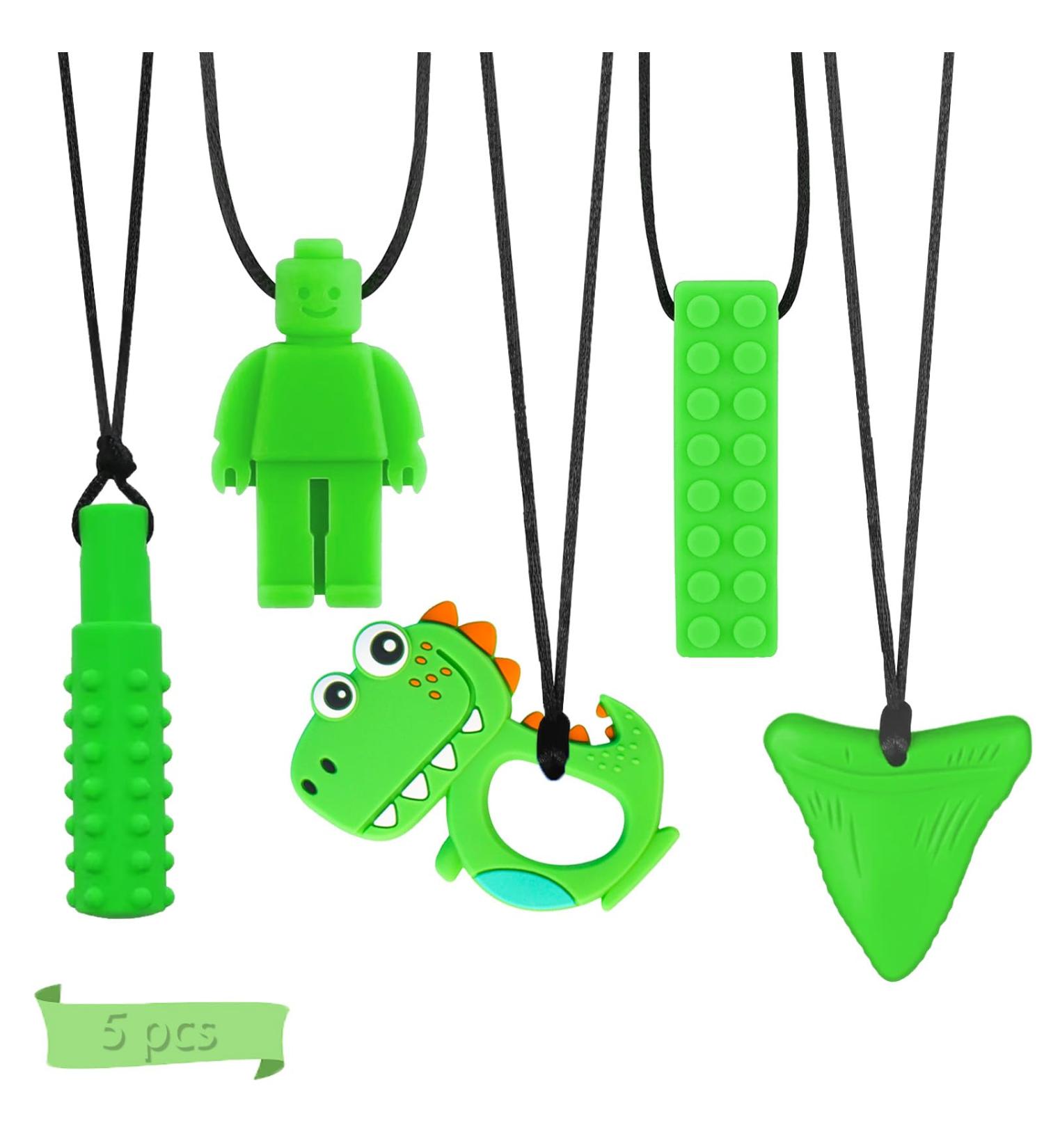 5Pcs Green Sensory Chew Necklace for Kids - Food Grade Silicone Teether Toy for Autism, Anxiety, Biting Needs - Buy Online on SooperMarket.com