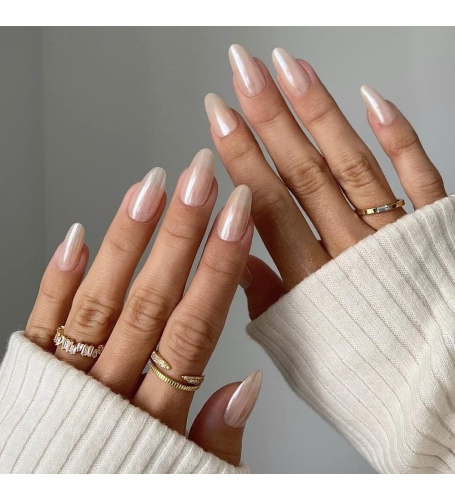 Glazed Donut Chrome Hailey Bieber Trend Press On Nails | Handmade Almond Shape 30-Piece Nail Kit - Buy Online on SooperMarket.com