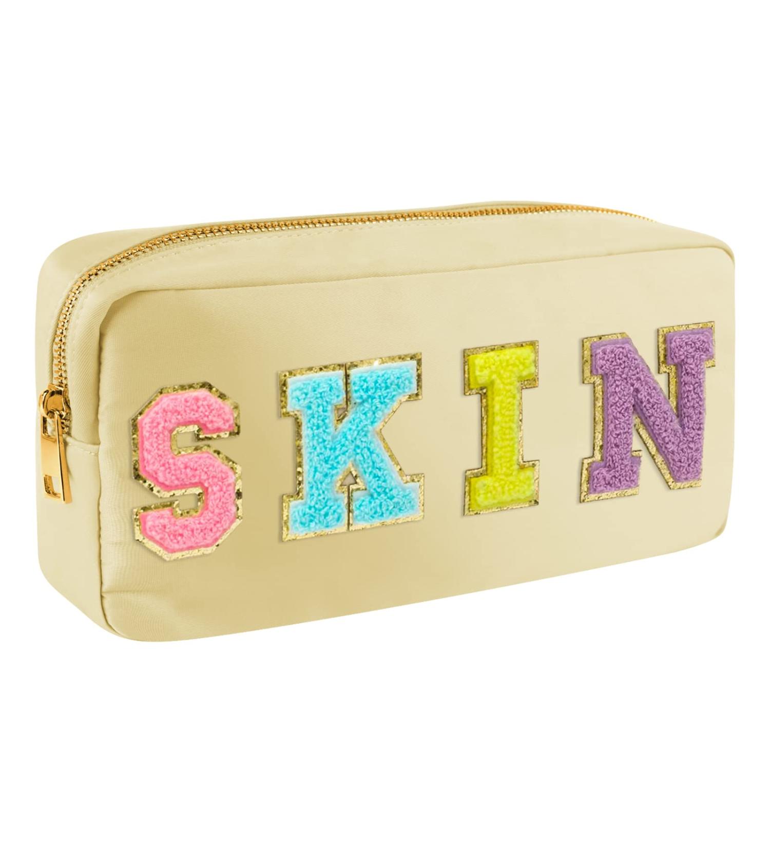 Chenille Letter Nylon Waterproof Makeup Bag for Women - Beige-Skin Travel Organizer Pouch for Toiletries and Cosmetics - Buy Online on SooperMarket.com