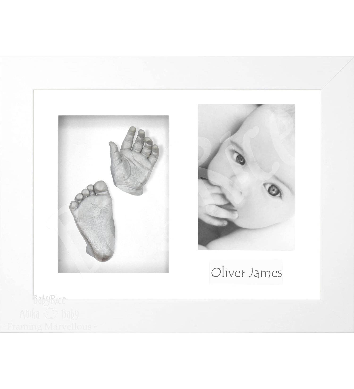 BabyRice Baby Casting Kit - 12x9 Shadow Box Display Frame, Silver Paint - Hand & Foot Casts (White/White) - Buy Online on SooperMarket.com