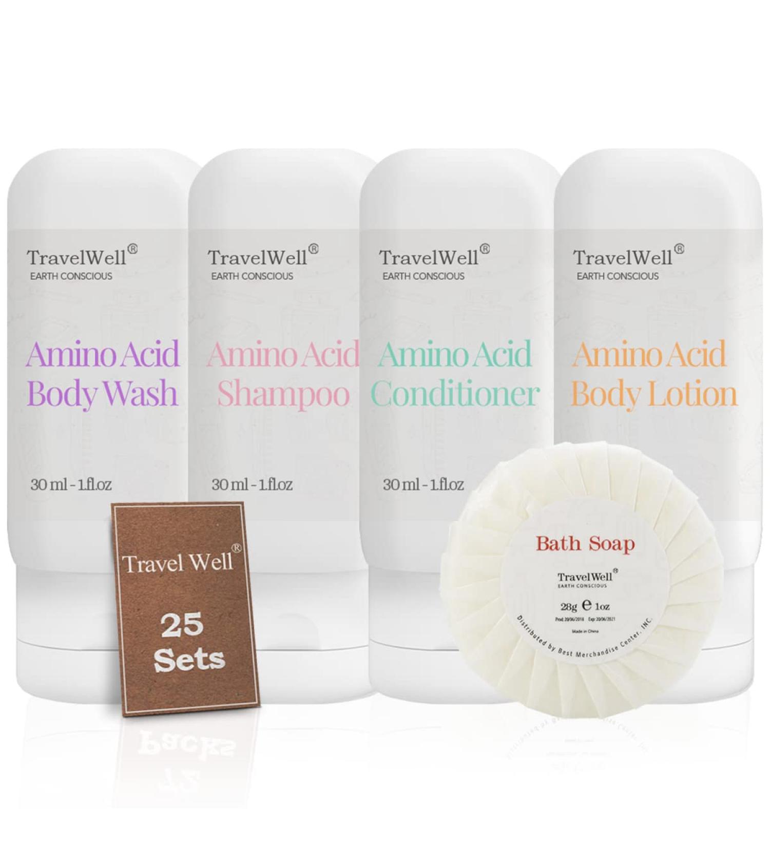 TRAVELWELL 25 Set Mini Toiletries Kit - Individually Wrapped Body Lotion Body Wash Soap Bars Hotel Shampoo & Conditioner - Perfect Travel Size Supplies for Guests - Buy Online on SooperMarket.com