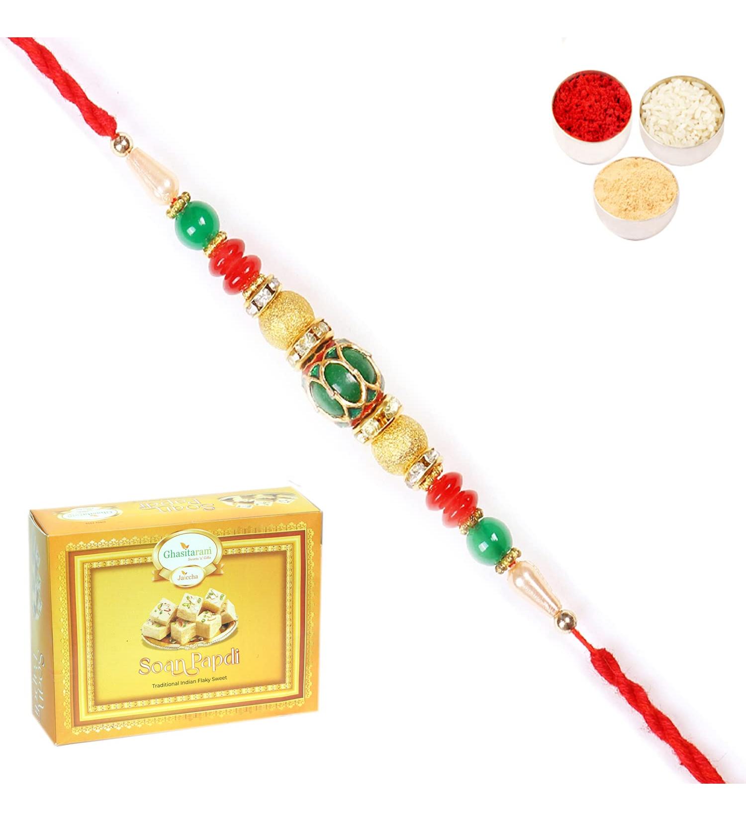 Ghasitaram Gifts Rakhi for Brother Rakhis Online - 2K-270 Fancy Thread Rakhi with 200 GMS of Soan Papdi - Buy Online on SooperMarket.com