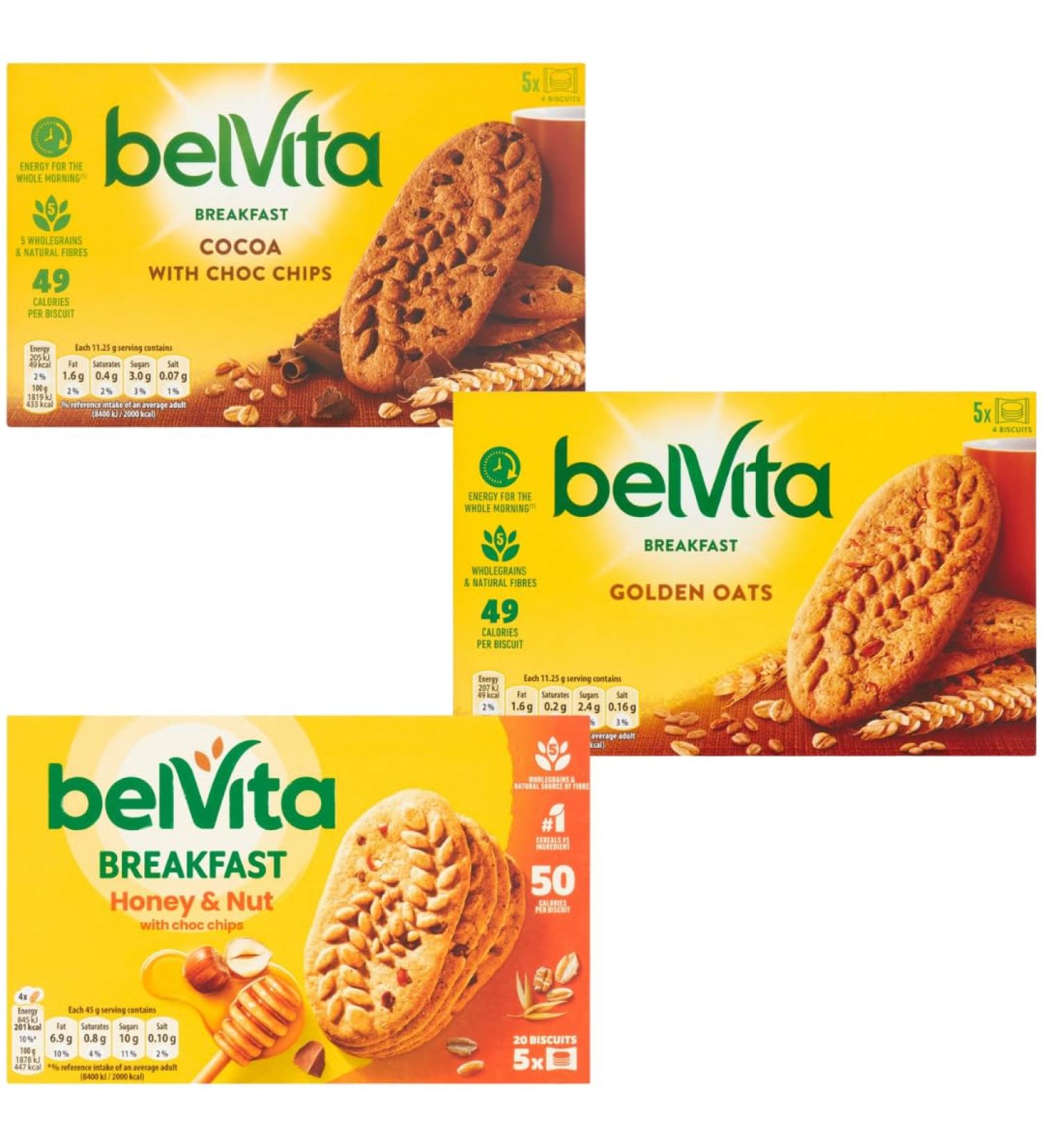 Breakfast Biscuits Bundle With Belvita Cocoa Choc Chips 5x45g Honey & Nuts Choc Chips 5x45g and Golden Oats 5x45g (3 Pack) - Buy Online on SooperMarket.com