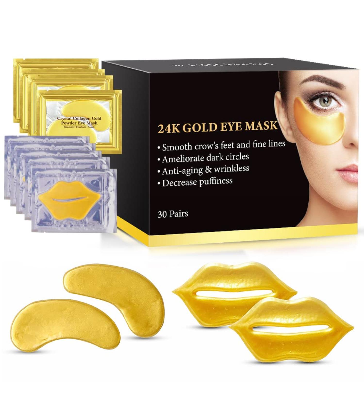 Gold Eye Lip Mask Set - 20pcs Under Eye Patches & 10pcs Collagen Lip Masks - Hydrating Treatment for Dry Lips and Dark Circles - Buy Online on SooperMarket.com