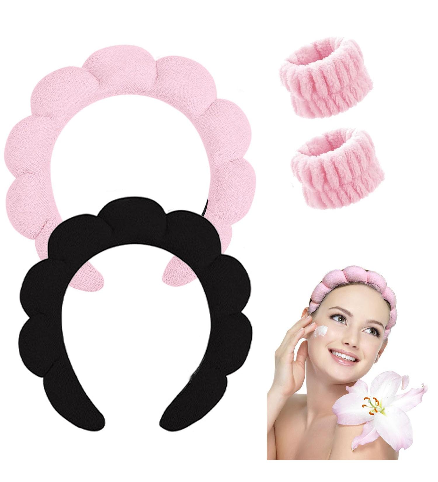 Spa Headband Set for Women - Bubble Skincare Headband with Wash Wristbands - Terry Cloth Makeup Headband - Soft Puffy Hairband - Black/Pink - Perfect Gift Idea - Buy Online on SooperMarket.com