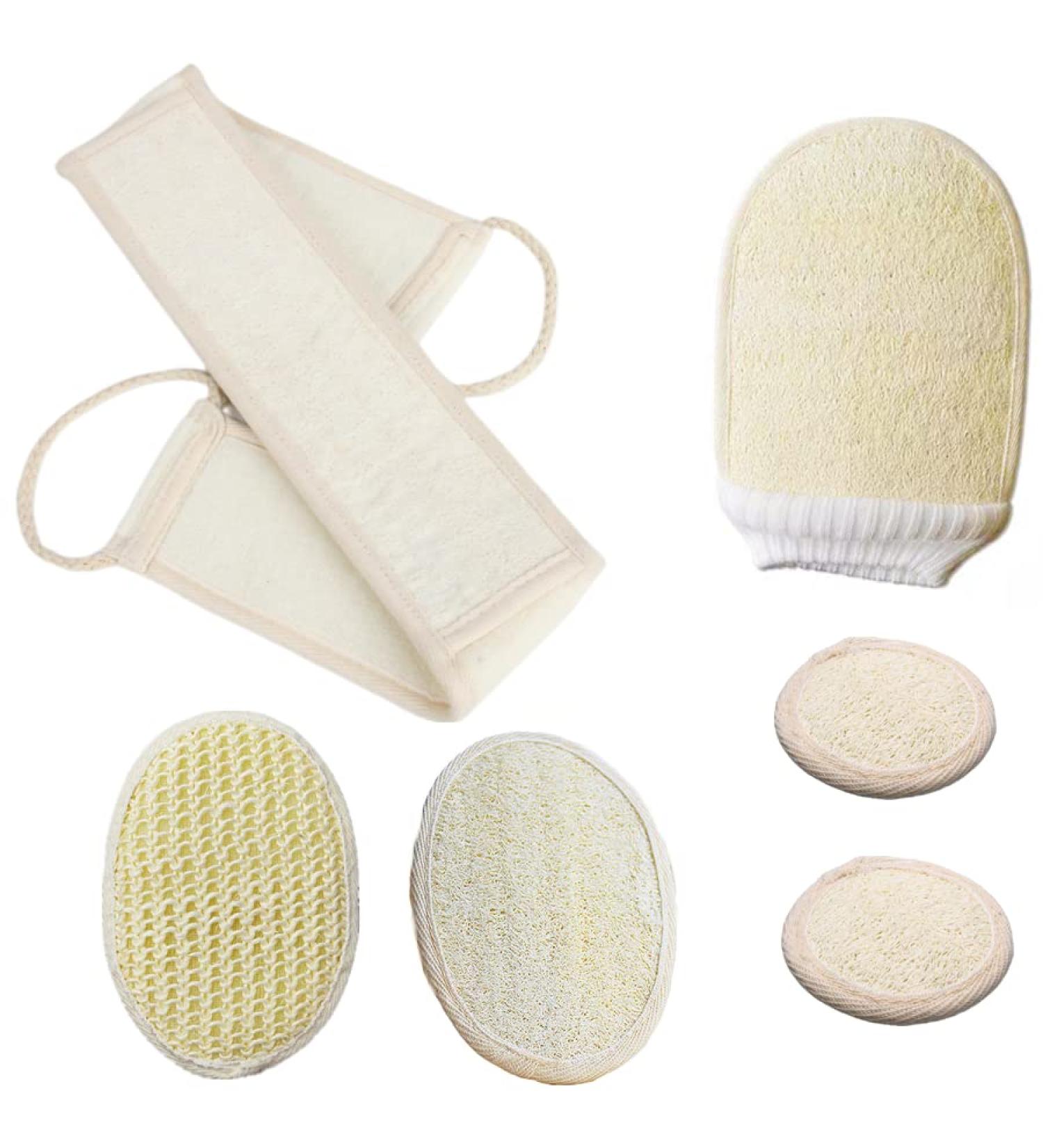 ENLAYER 6 Pack Natural Loofah Exfoliating Back Scrubber and Pad Set - Deep Cleaning Shower Sponge for Face and Body - Buy Online on SooperMarket.com