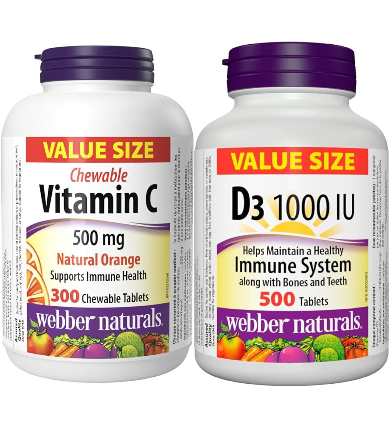 Webber Naturals Vitamin C Chewbale 500 mg 300 Orange Flavour Tablets For Bones Teeth & Vitamin D3 1000 IU 500 Tablets For Healthy Bones Teeth and the Maintenance of Good Health - Buy Online on SooperMarket.com