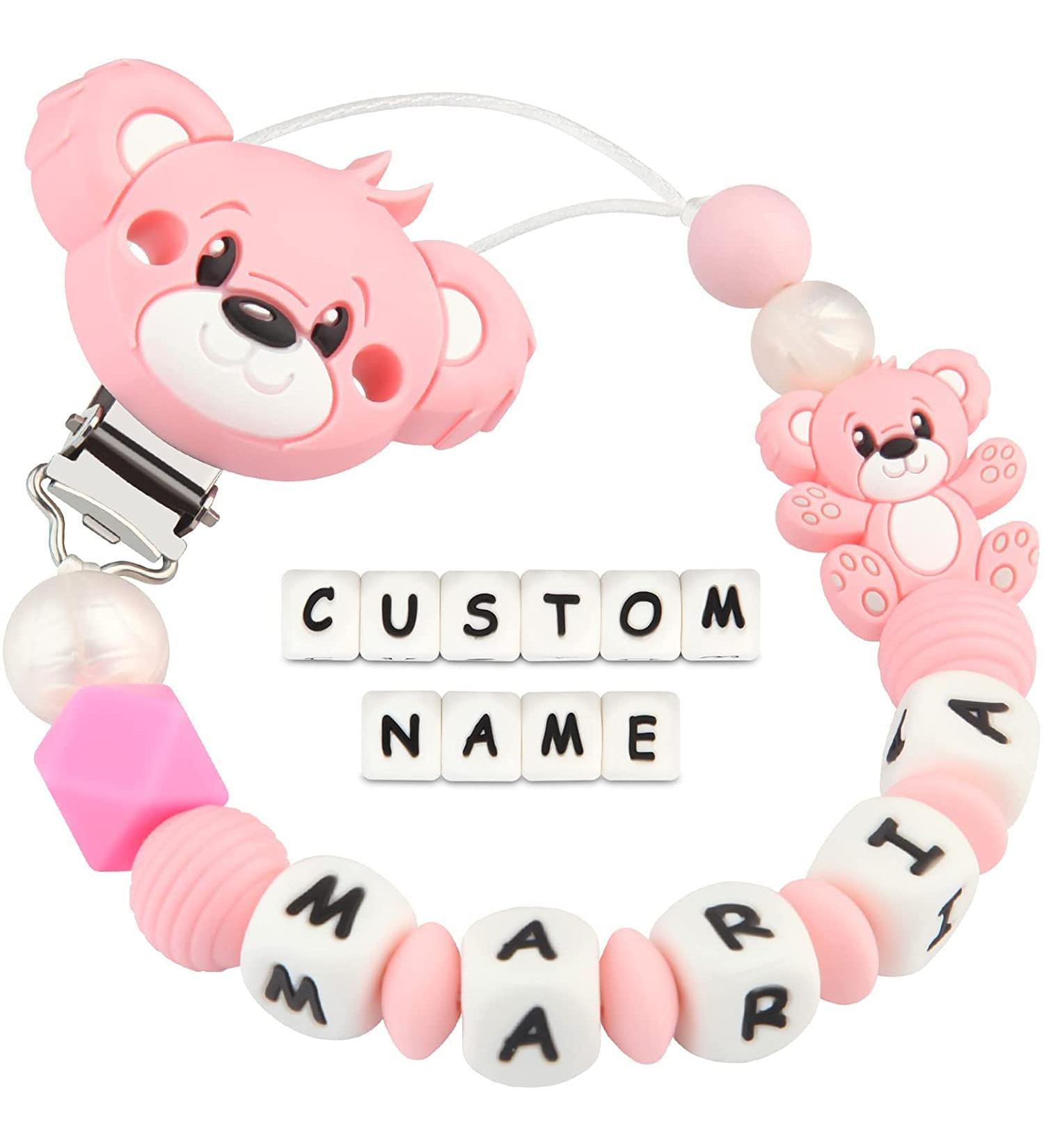 Kowlone Pacifier Chain with Name Boys Girls Personalized Teddy Bear Pacifier Clips Holder (Pink) A: Teddy Bear Pink