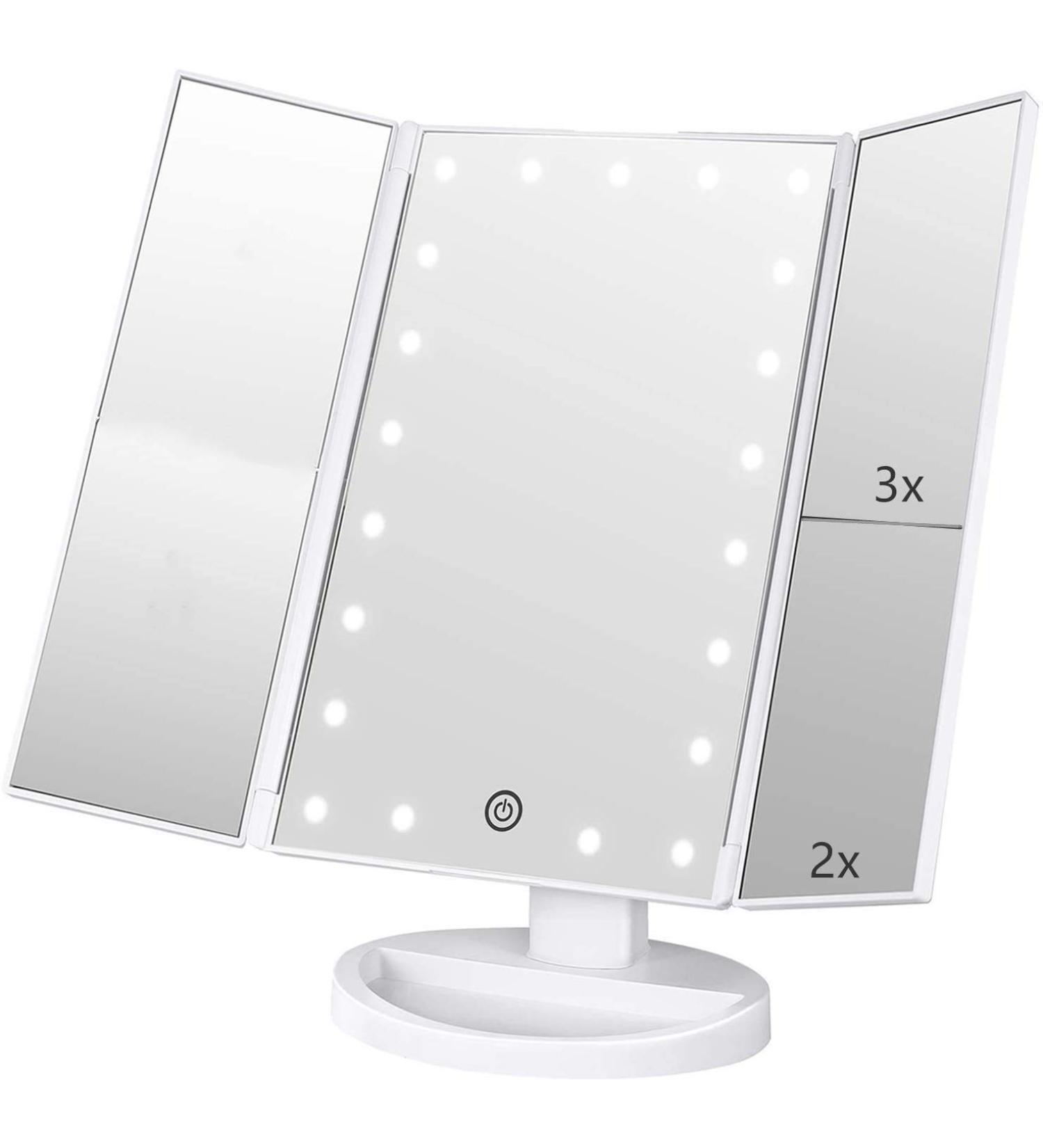 Infitrans 3-Fold Lighted Vanity Makeup Mirror 1X/2X/3X Magnification | 21 LED Bright Table Mirror with Touch Screen | 180 Adjustable Rotation | Portable Travel Cosmetic Mirror - White - Buy Online on SooperMarket.com
