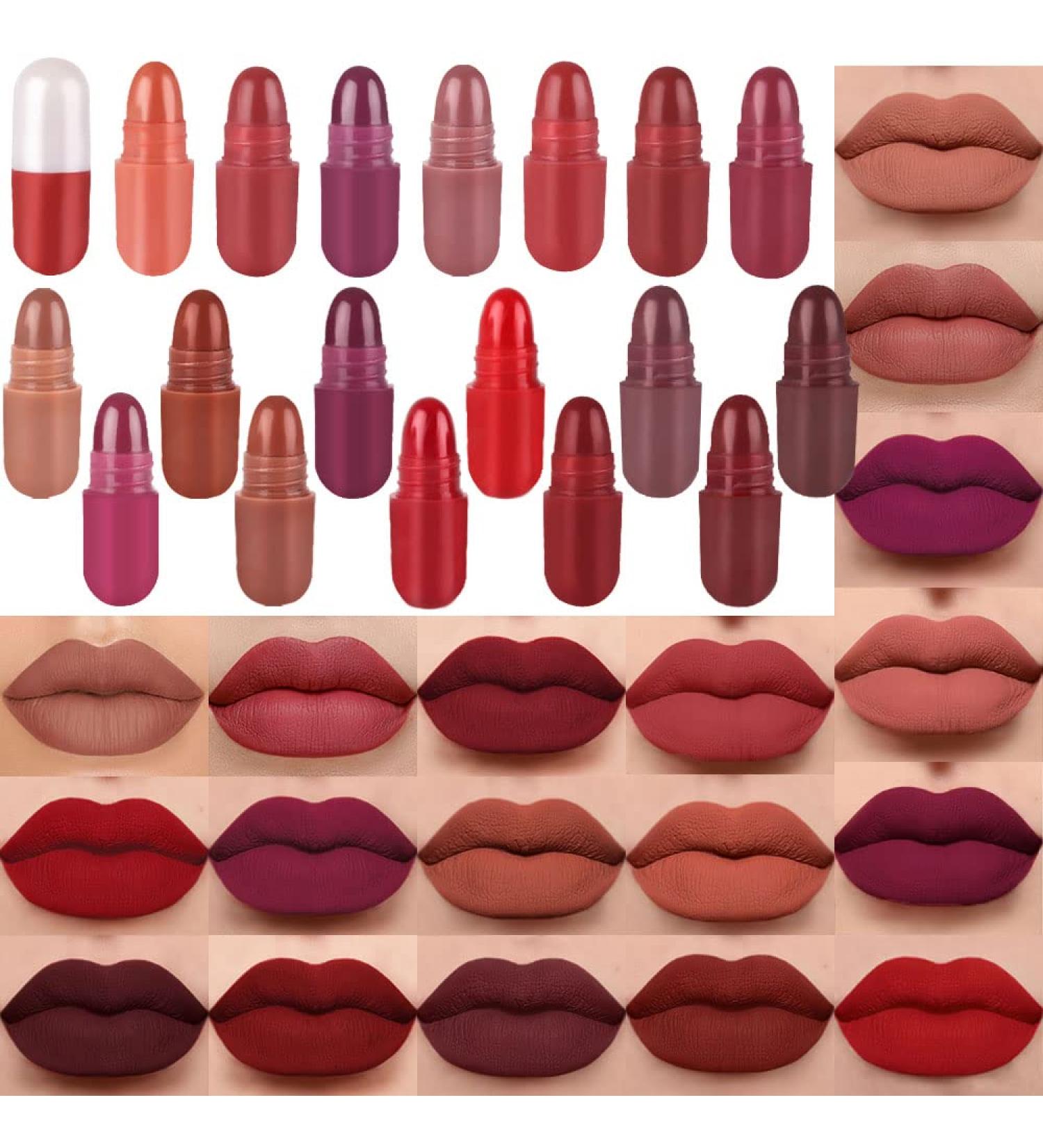 18 Pcs Capsule Pill Mini Matte Lipstick Set for Women - Deep Red Long Lasting Waterproof Matte Lipstick and Lip Liner Sampler - Pack of 1 - Buy Online on SooperMarket.com