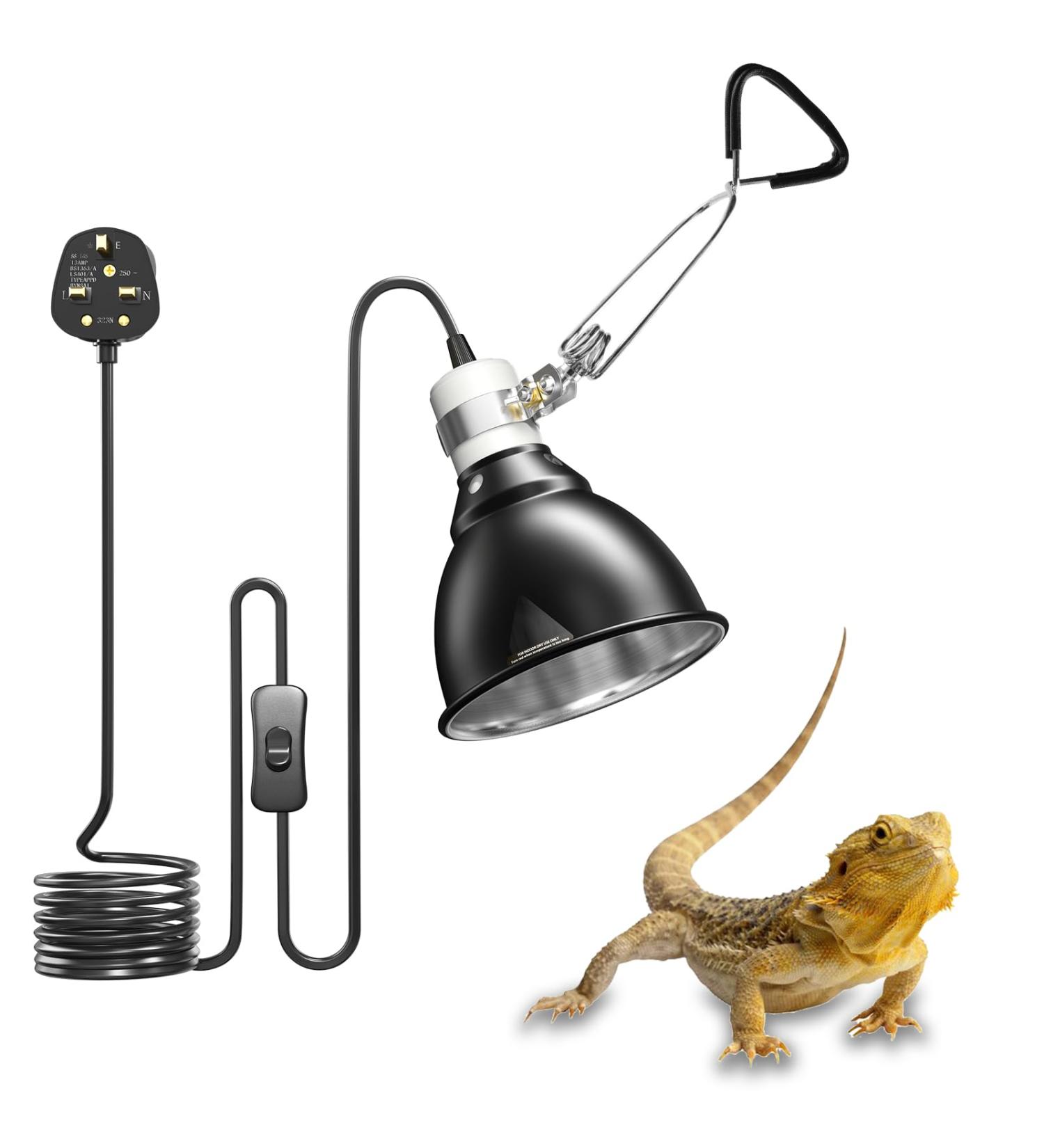 Bonlux Reptile Heat Lamp Holder 200W with Clip and BS Plug - Ideal for E27 UVA/UVB Bulb, Pet Heat Lamp for Reptiles - Bearded Dragon, Snake, Chick - Black - Buy Online on SooperMarket.com
