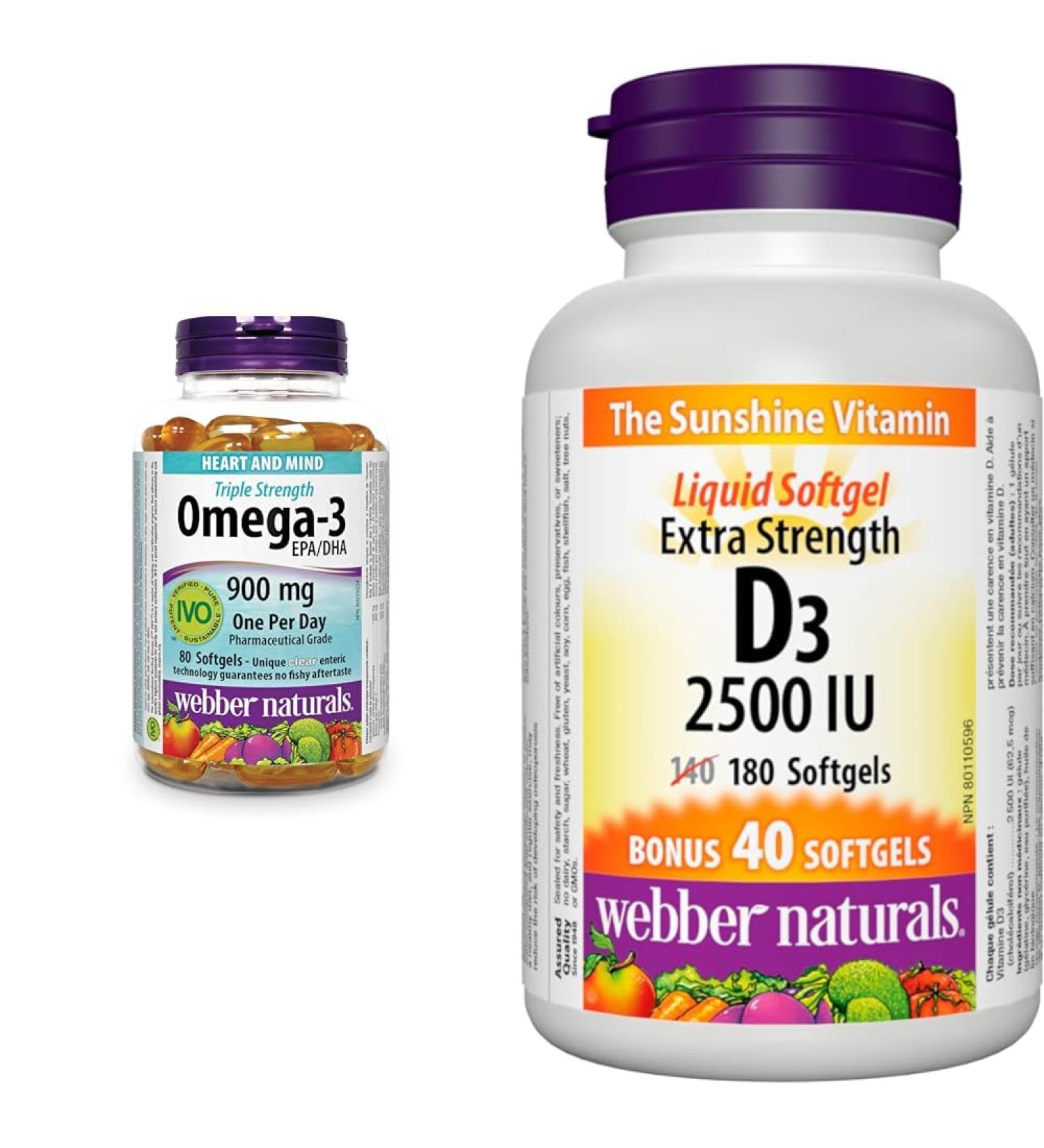 Webber Naturals Omega-3 900 mg Triple Strength & Vitamin D3 2500 IU Extra Strength 180 Softgels For Healthy Bones Teeth and Helps Prevent Vitamin D Deficiency 80 Omega + Vitamin D3 2500 IU - Buy Online on SooperMarket.com