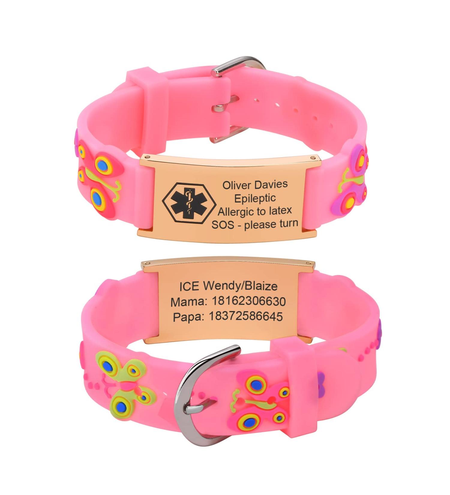 Customised Kids Safety ID Wristband | Personalised Medical Alert Bracelet for Boys and Girls | Pink Rose Gold Butterfly Design - Buy Online on SooperMarket.com