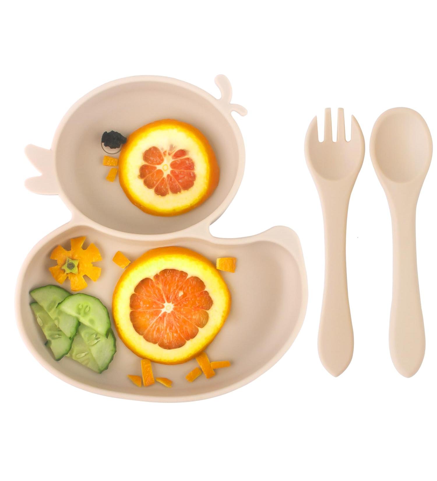 Qshare Baby Silicone Suction Plate with Spoon and Fork - Non Slip Divided Weaning Plates for Toddler (Beige) - Buy Online on SooperMarket.com