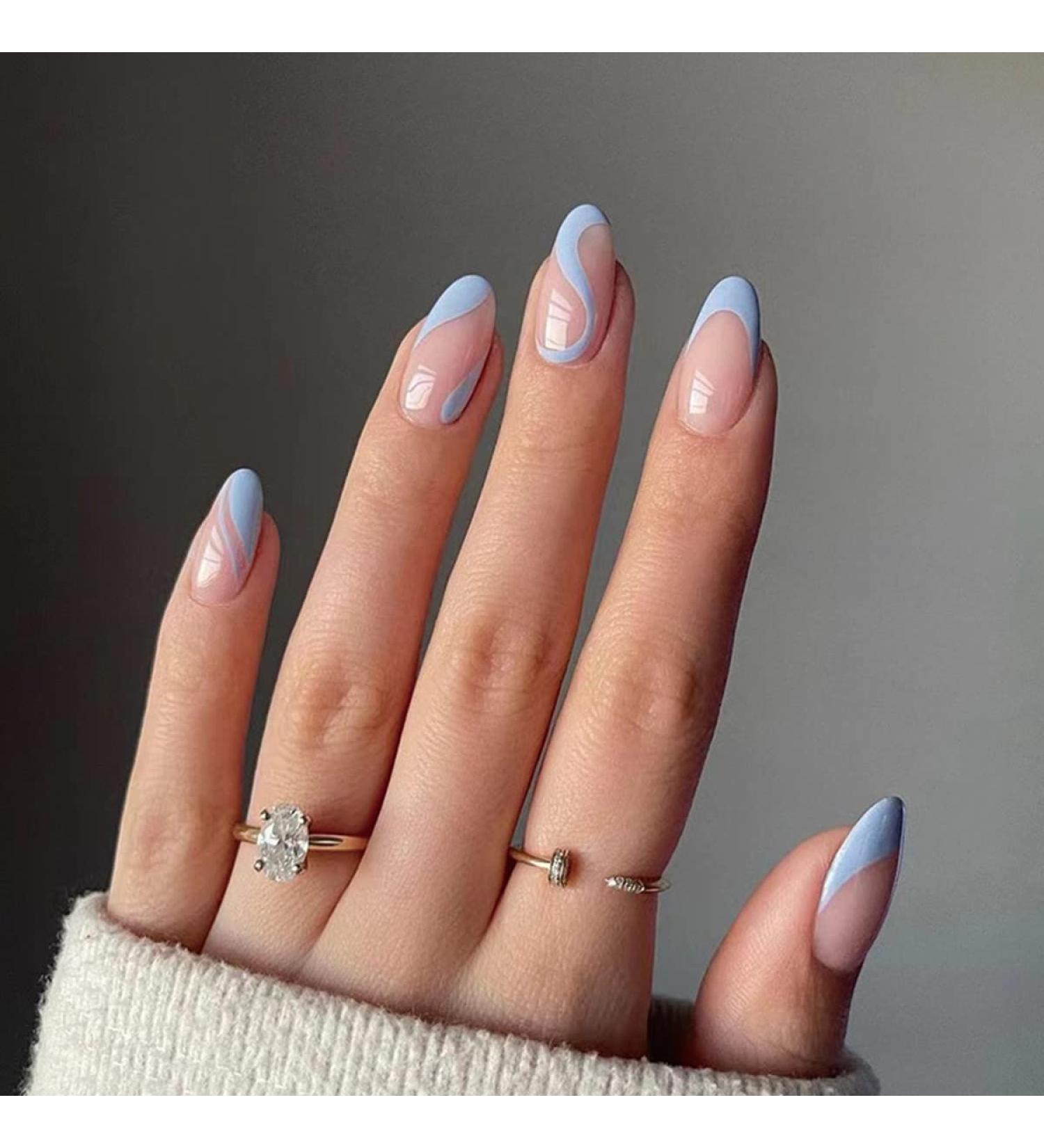 Wavy Almond Sky Blue French Press On Nails - 24 Pcs Short False Nails with Nail Glue for Women | Striped Fake Nails for Nail Art - Buy Online on SooperMarket.com