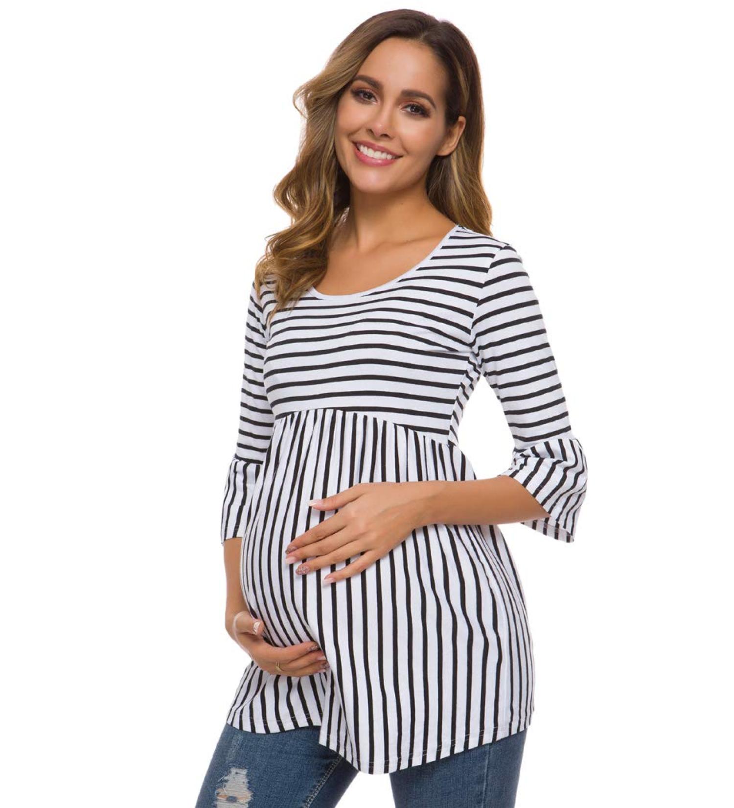 Love2Mi Women Maternity Blouse | A-Line Pregnancy Shirt | 3/4 Bell-Sleeve | S White Black Stripe - Buy Online on SooperMarket.com