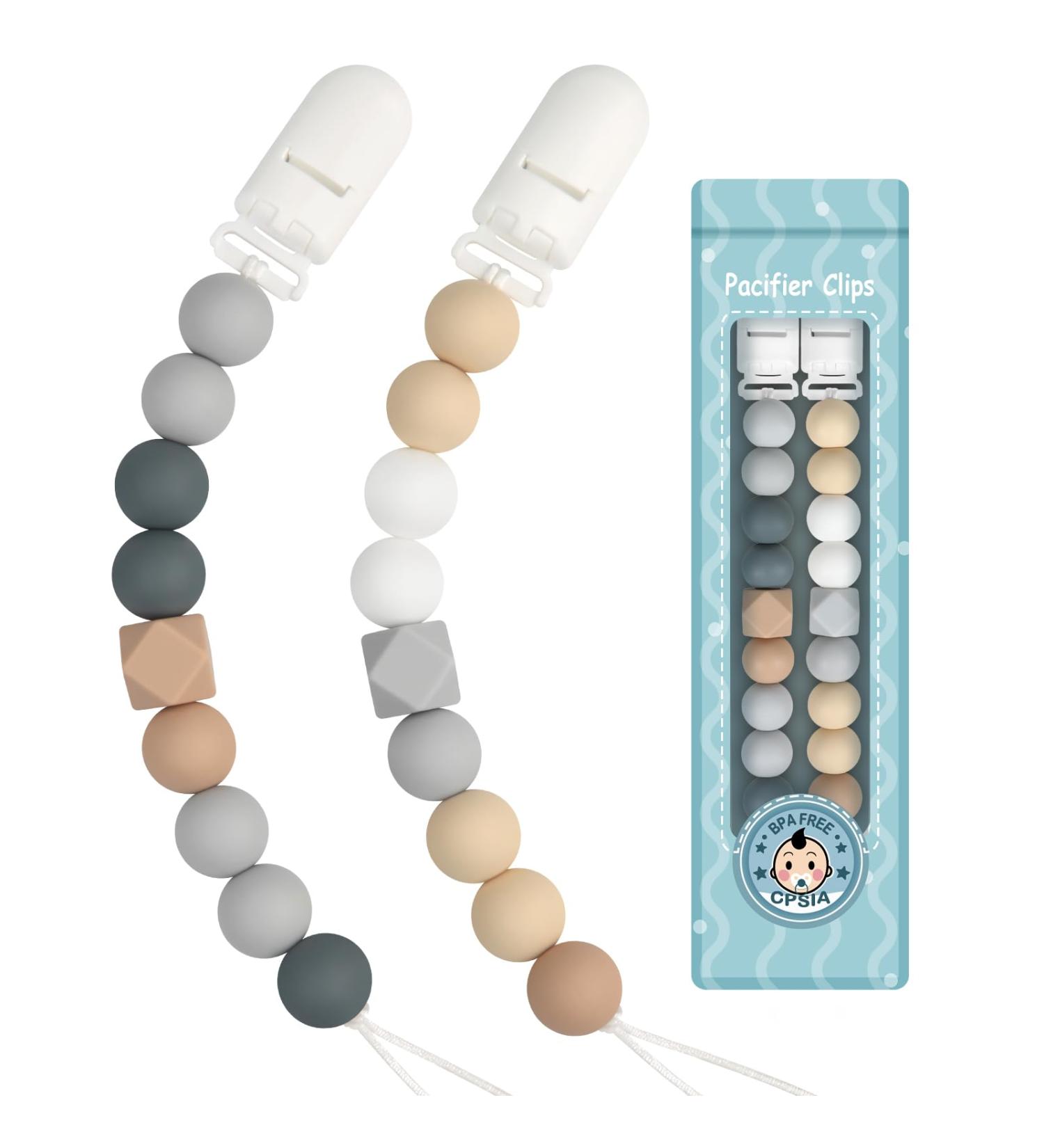 Kowlone Pacifier Chain for Girls | Silicone Dummy Clips - 2-Pack (Beige & Gray) | Perfect Baby Shower Gift - Buy Online on SooperMarket.com